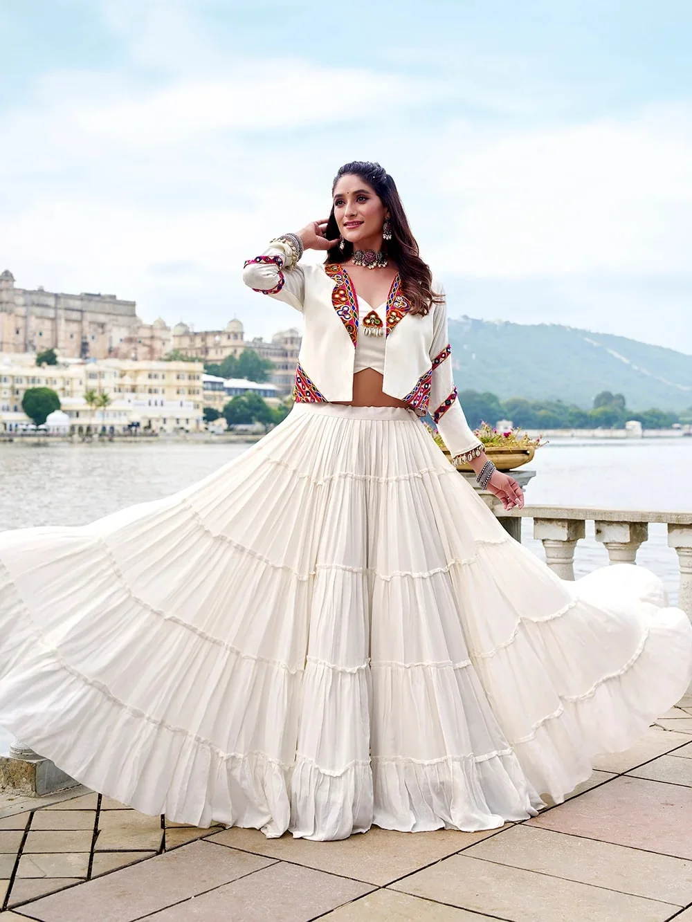 Women’s Pure Rayon Gamthi Mirror Work Lehenga with Blouse & Jacket in White
