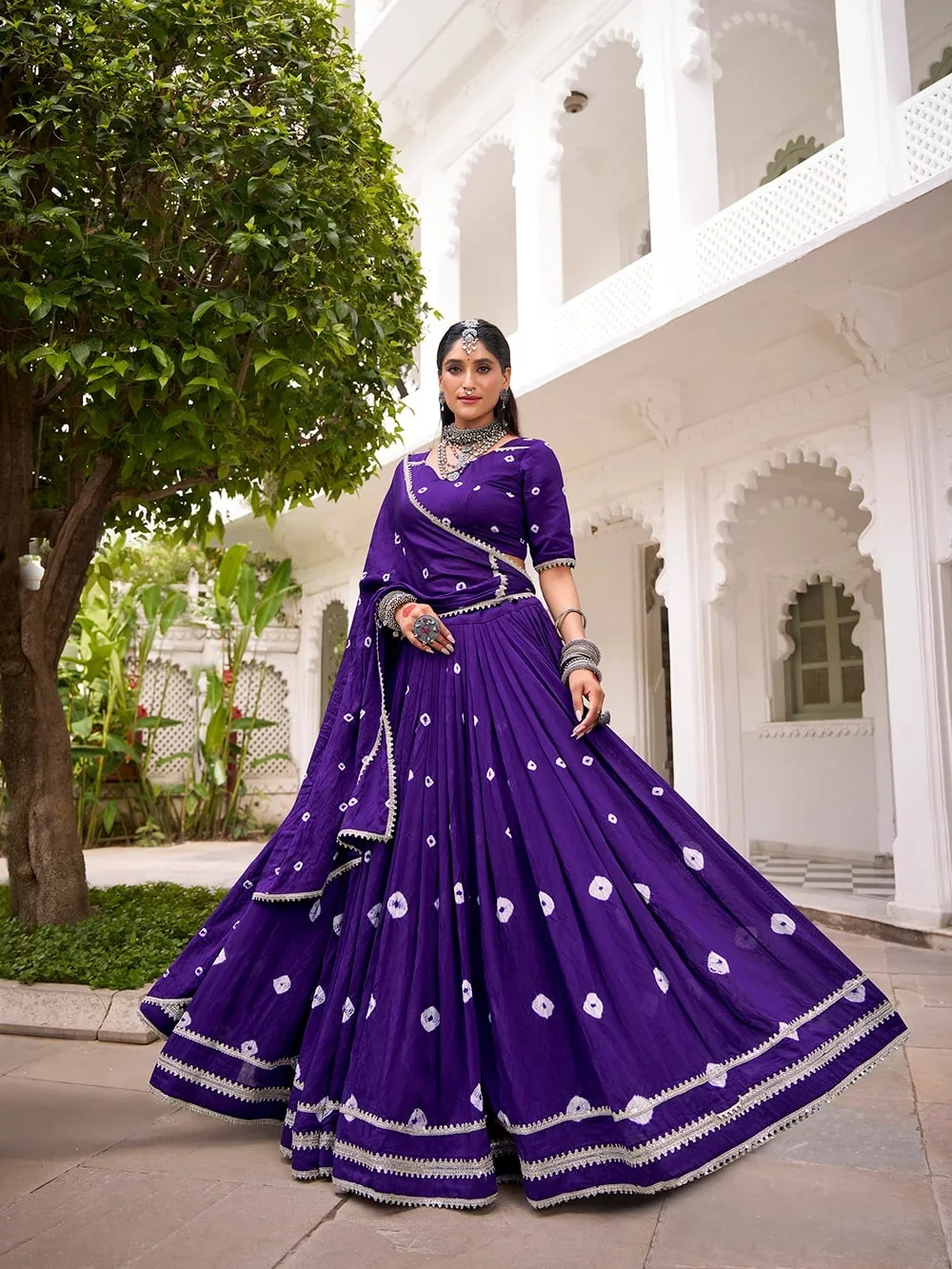 Women’s Pure Chanderi Bandhej Print Lehenga Choli with Lace Touch-Up in Purple