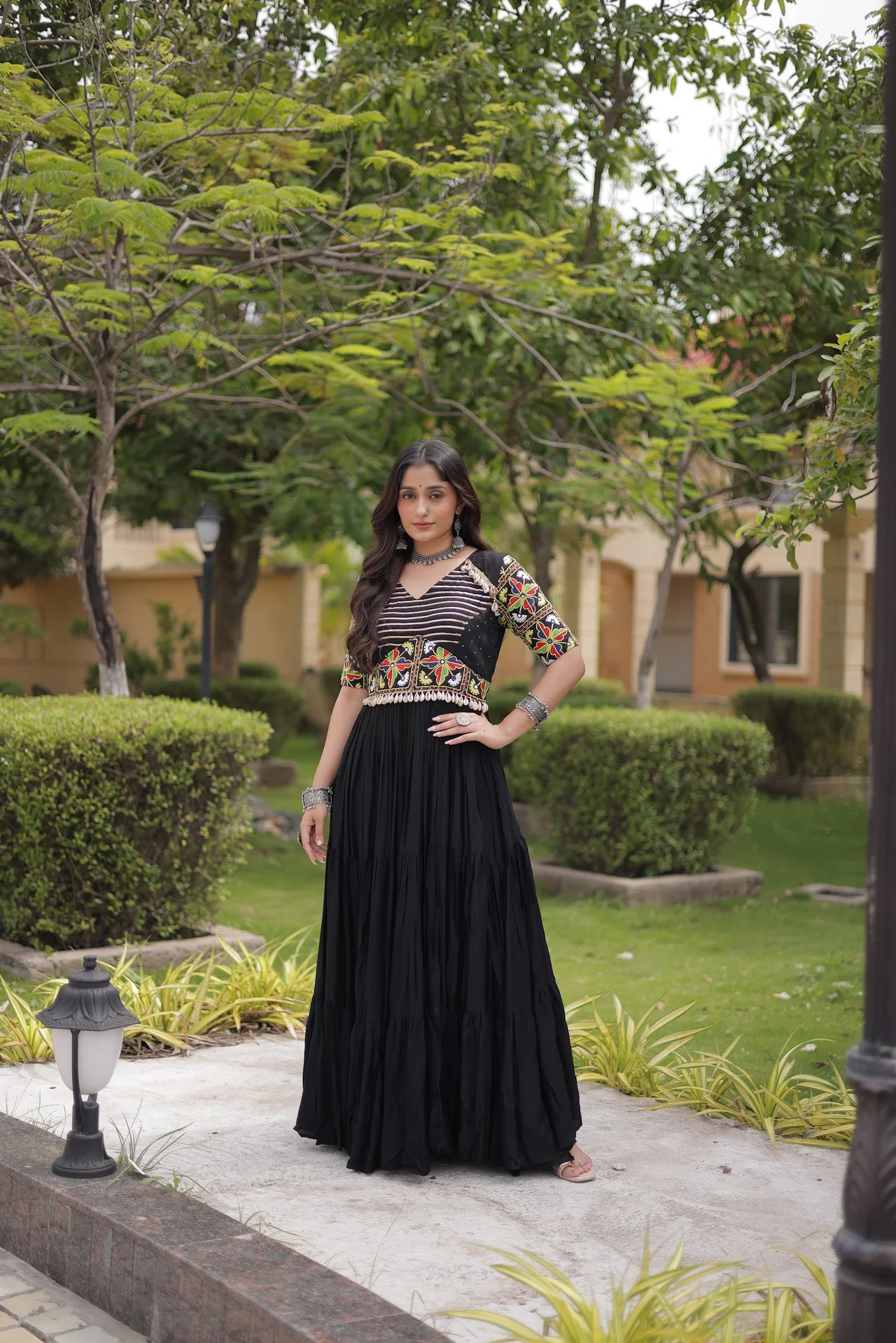 Women's Rayon Navratri Gown with Kutchi Thread Embroidery | Mirror Work and Pearl Cowrie Lace | 12 Metre Flair | Festive Wear