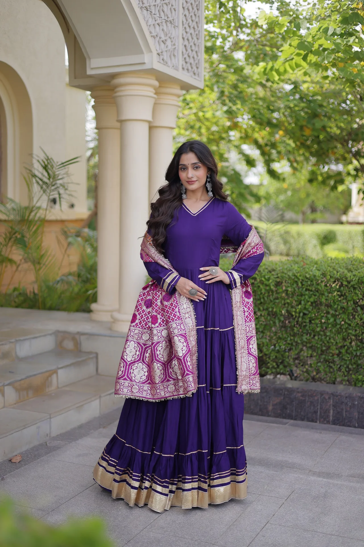 Women's Rayon Tiered Gown with Viscose Jacquard Dupatta in Purple