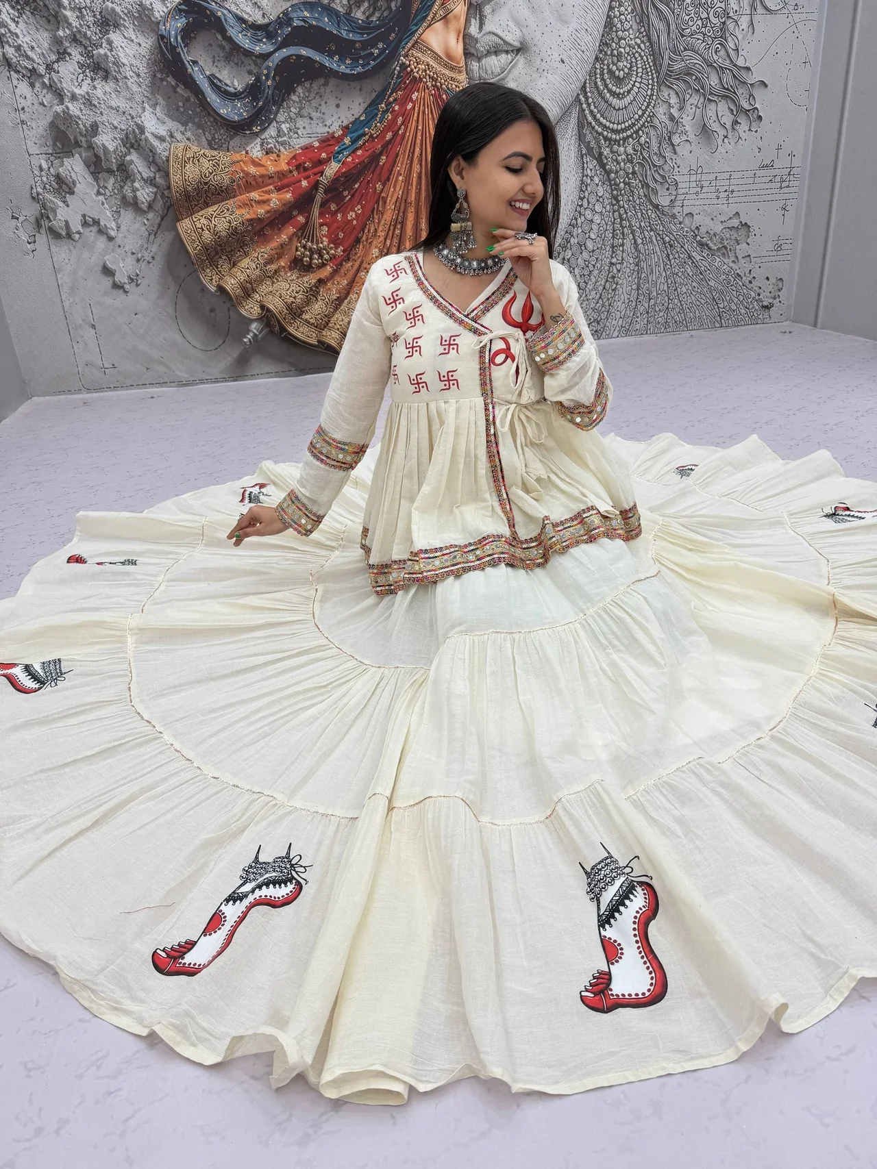 Navratri Special Kedya Style Lehenga Choli for Women | Pure Cotton Fabric | Hotfix Sticker Work | 9 Meter Flair | Fully Stitched Garba Wear