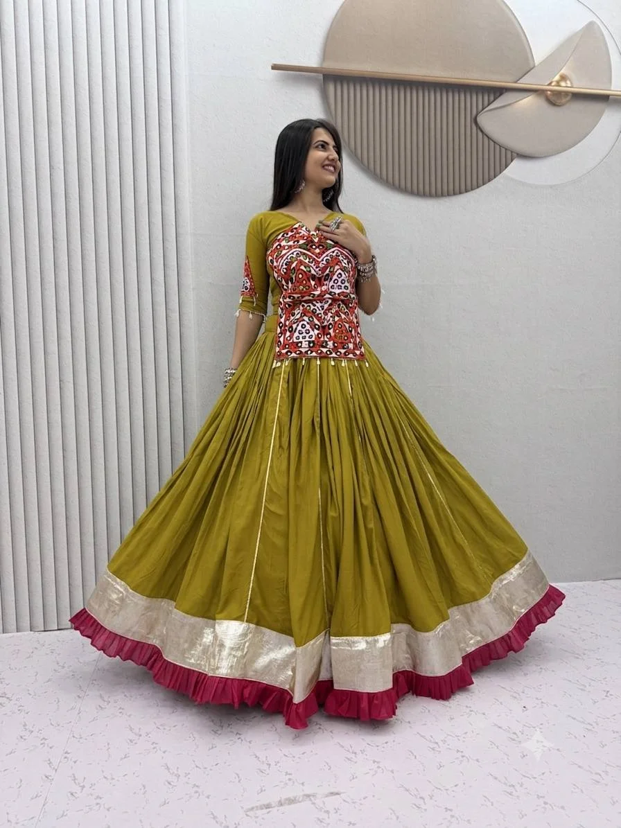 Navratri Special Pure Cotton Gamthi & Mirror Work Kediyu Lehenga Choli | Fully Stitched | 6 Meter Flair | Traditional Garba & Dandiya Wear