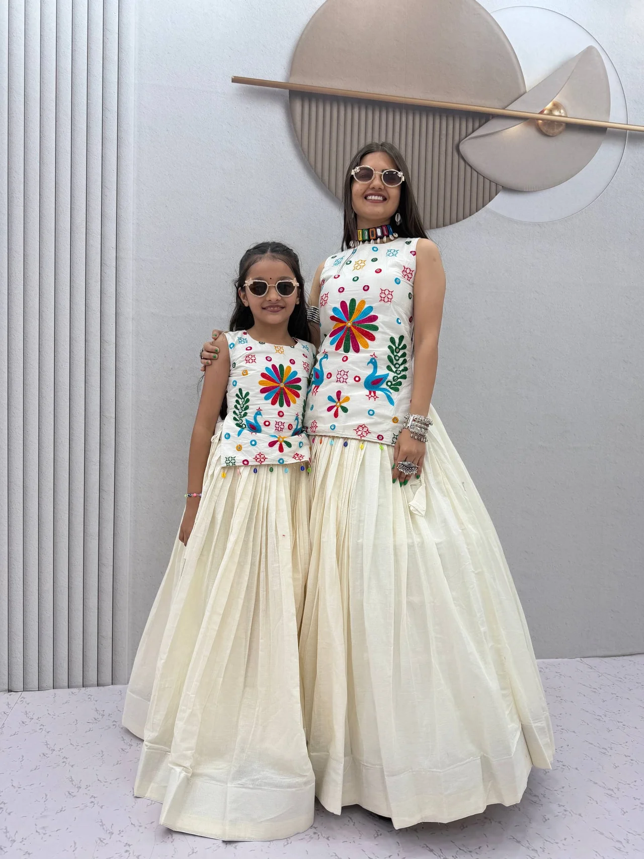 Navratri Special Mother-Daughter Matching Lehenga Choli | Khadi Cotton | Cotton Thread Work & Mirror Hand Work | Festive Garba Wear