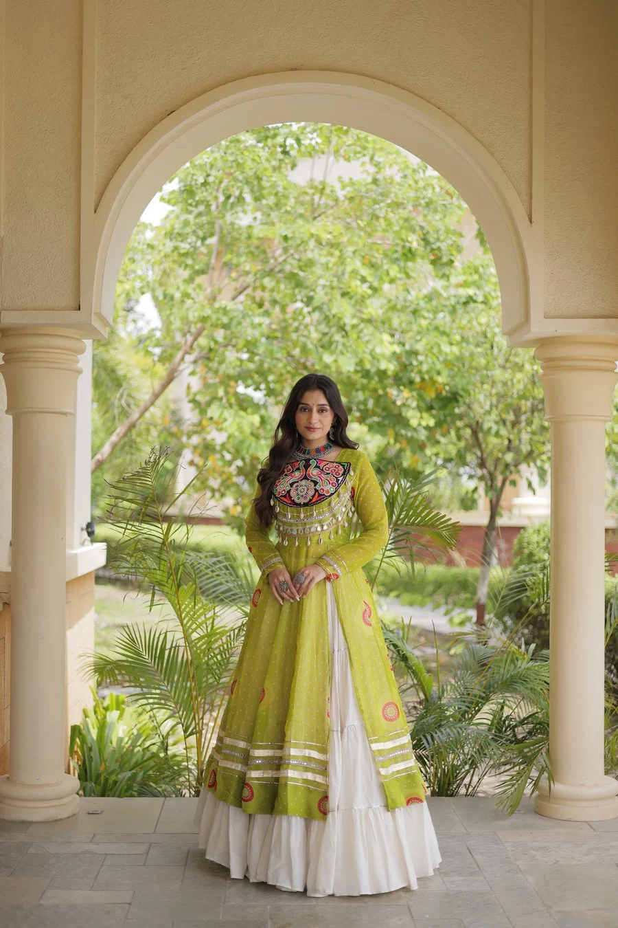 Bandhani Print Faux Georgette Kurti with Kora Cotton Lehenga | Kutchi Patchwork | M-XXL