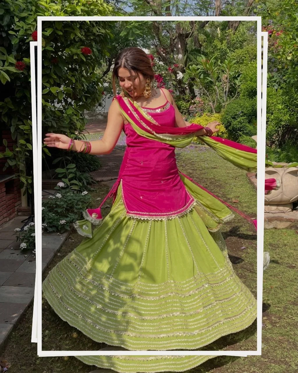 Rani Pink & Orange Chinon Silk Lehenga Choli | 3/9mm Sequins & Zari Embroidered Work | Digital Print Dupatta | Fully Stitched Festive Wear