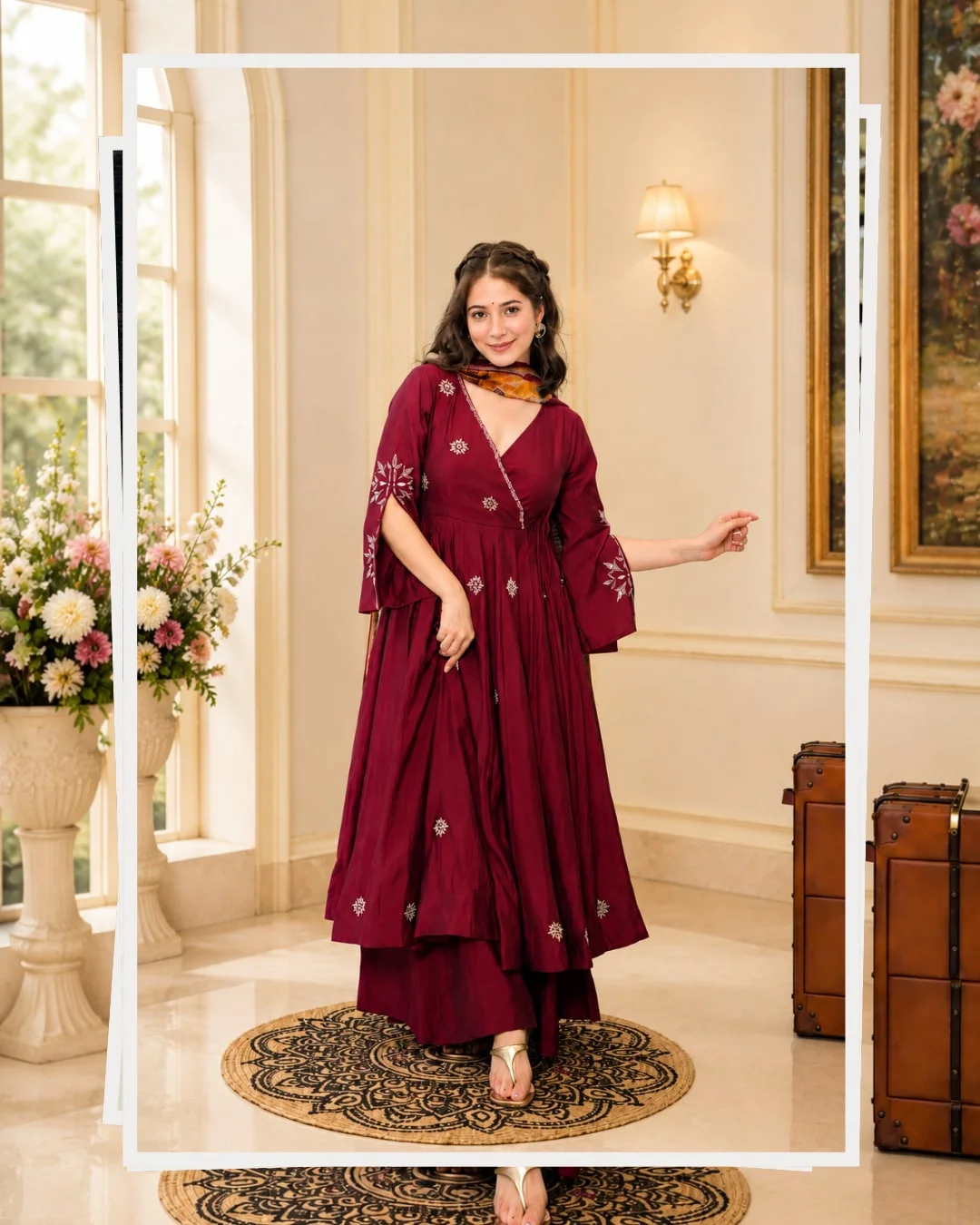 Premium Readymade Anarkali Suit Set for Women | 3 Piece Rayon Cotton Set | Heavy Zari Embroidered Thread Work | Kali Cut Anarkali with Plazo & Organza Silk Dupatta