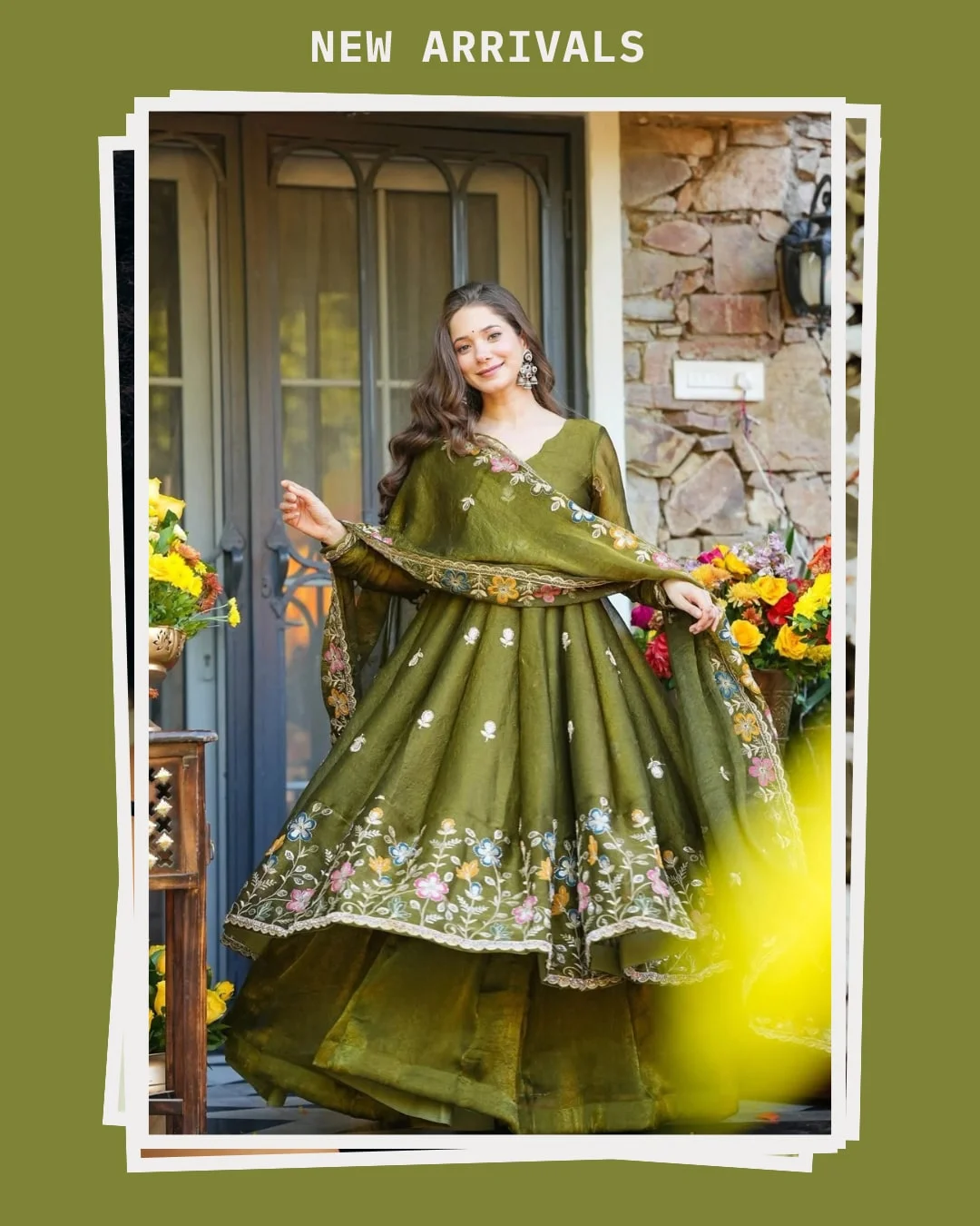 Premium Soft Crunchy Silk Multi-Embroidery & Sequins Work Full Sleeve Anarkali Gown Suit Set with Cotton Lining, Matching Sharara & Dupatta in Olive Green