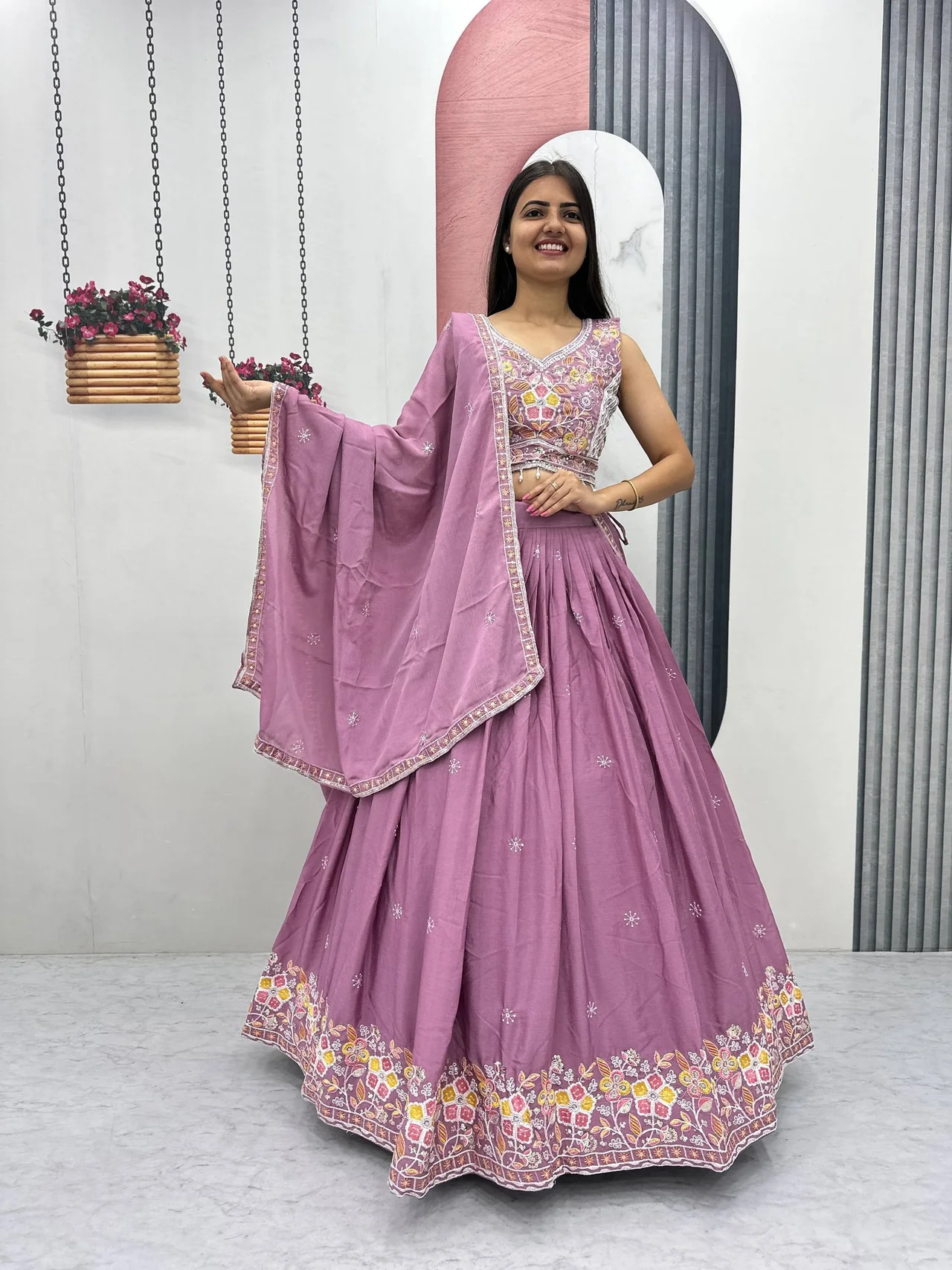Chinon Lehenga Choli Set for Women in Purple