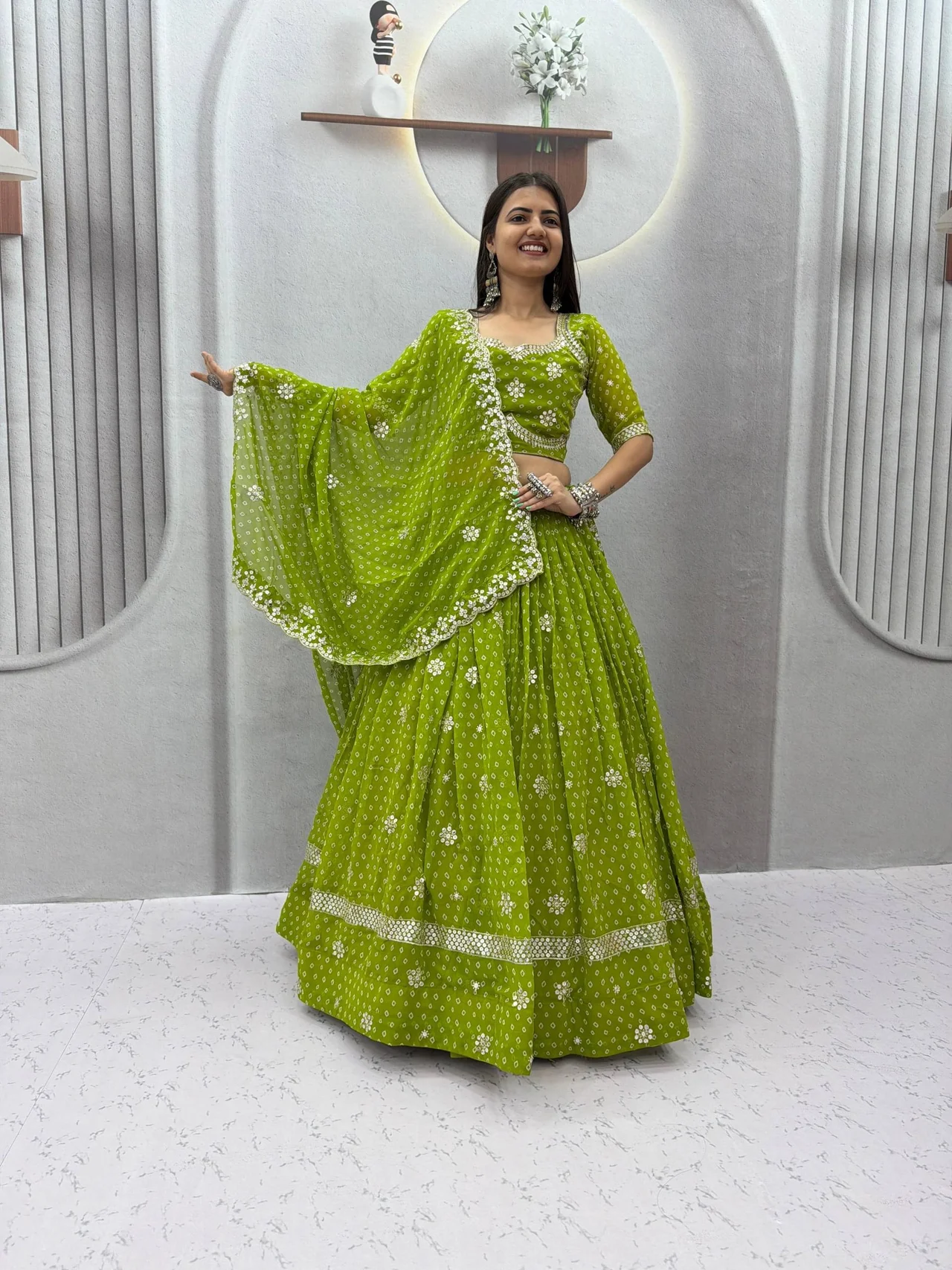 Navratri Special Georgette Lehenga Choli for Women in Parrot Green