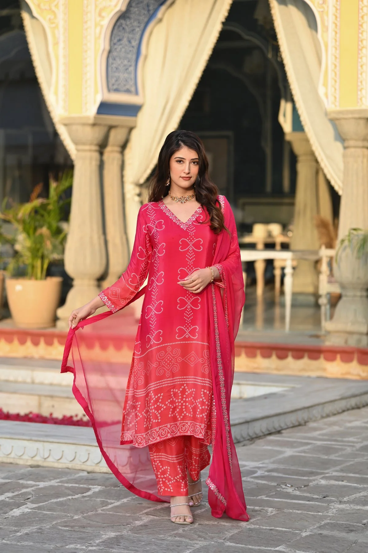 Women's Chinnon Silk Kurta Set with Pant & Dupatta in Rani Pink