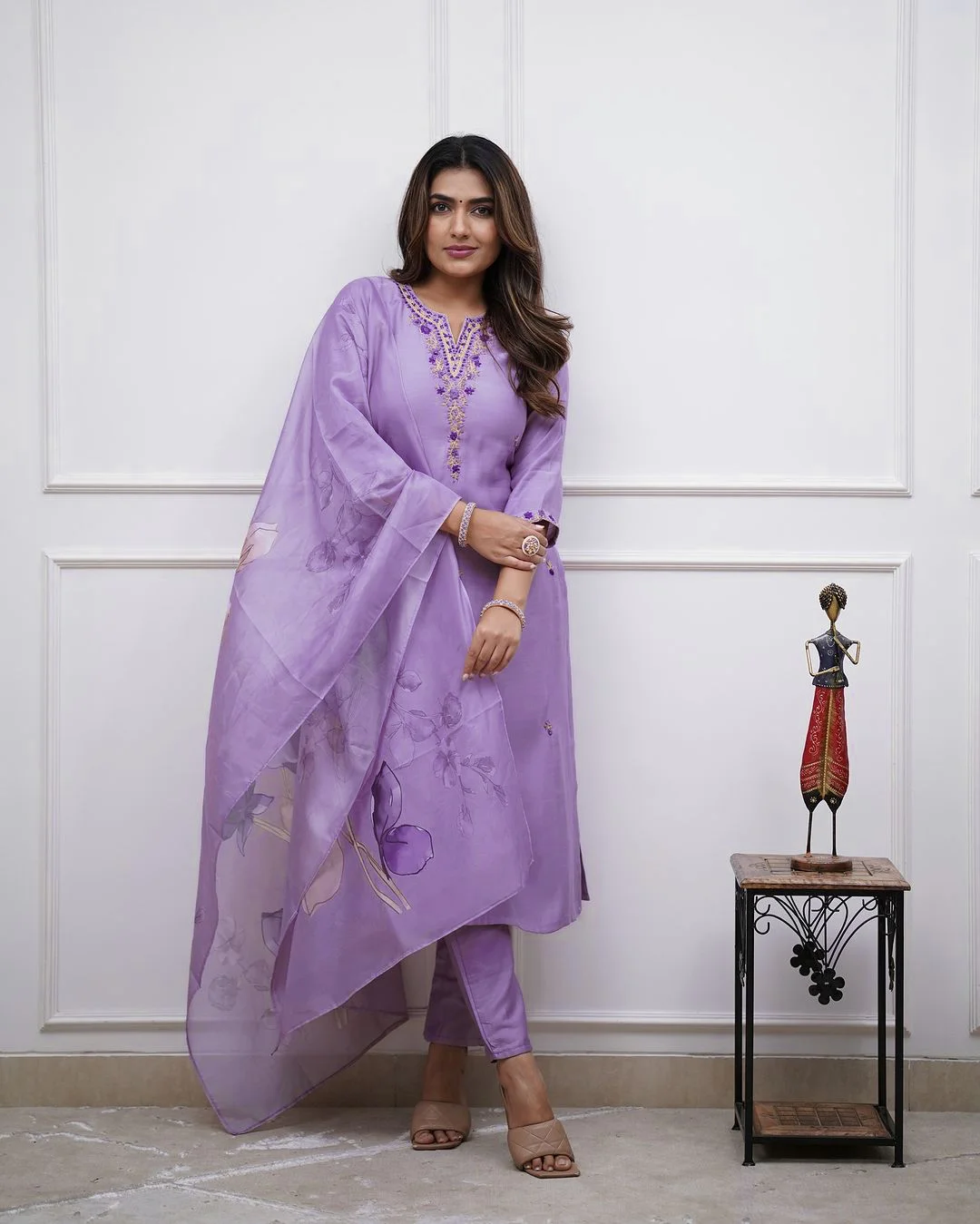 Women's Soft Rayon Slub Kurta Set with Pant & Chanderi Dupatta in Lavender