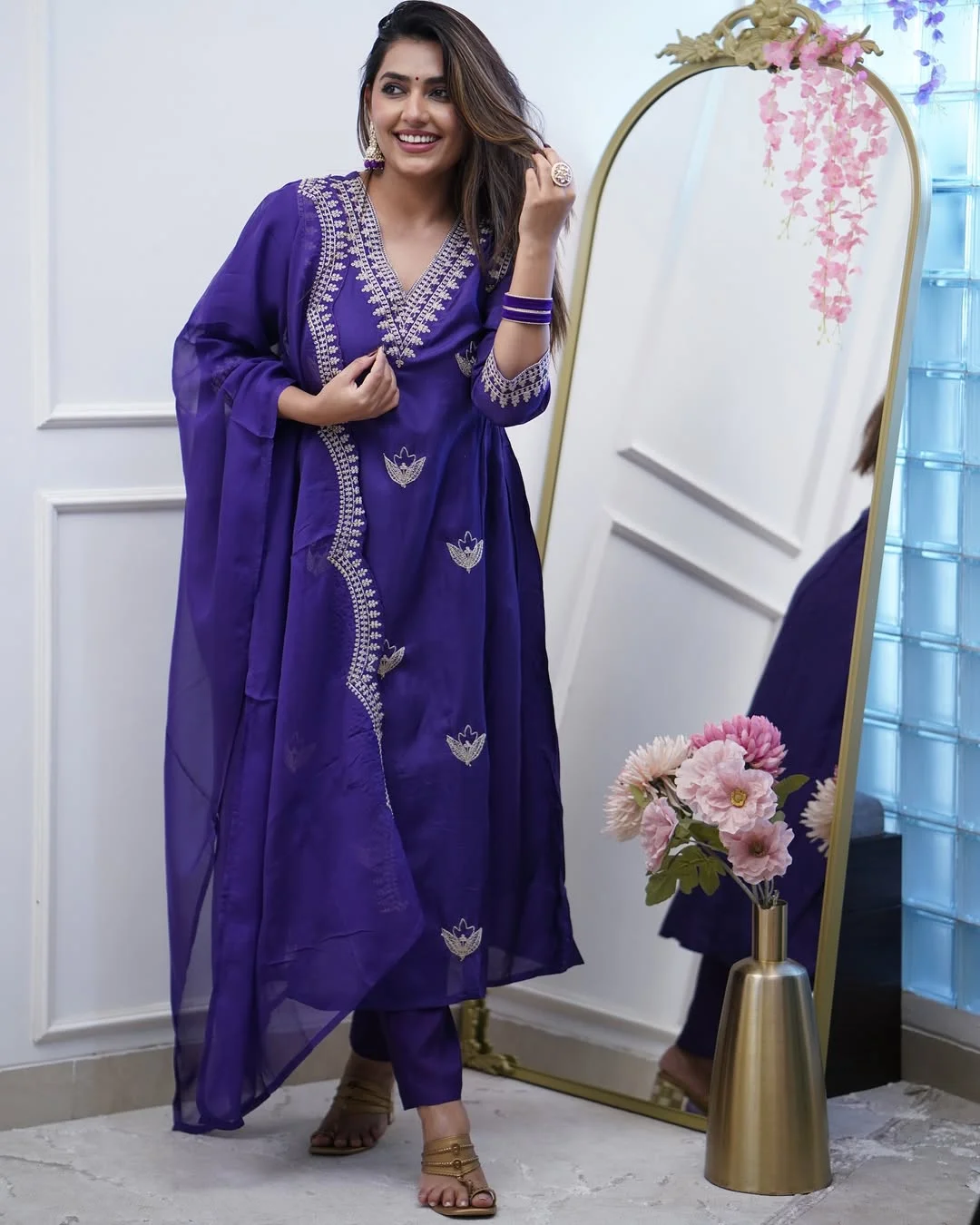 Women's Chanderi Embroidered Kurta Set with Dupatta in Purple