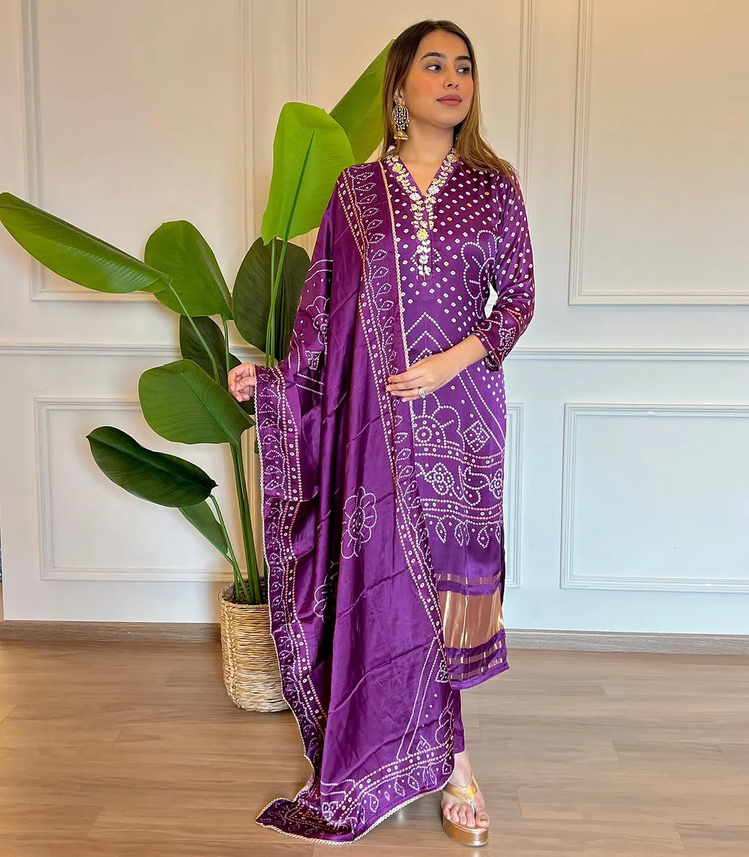 Women's Viscose Kurta Set with Cotton Bottom & Chanderi Dupatta in Purple