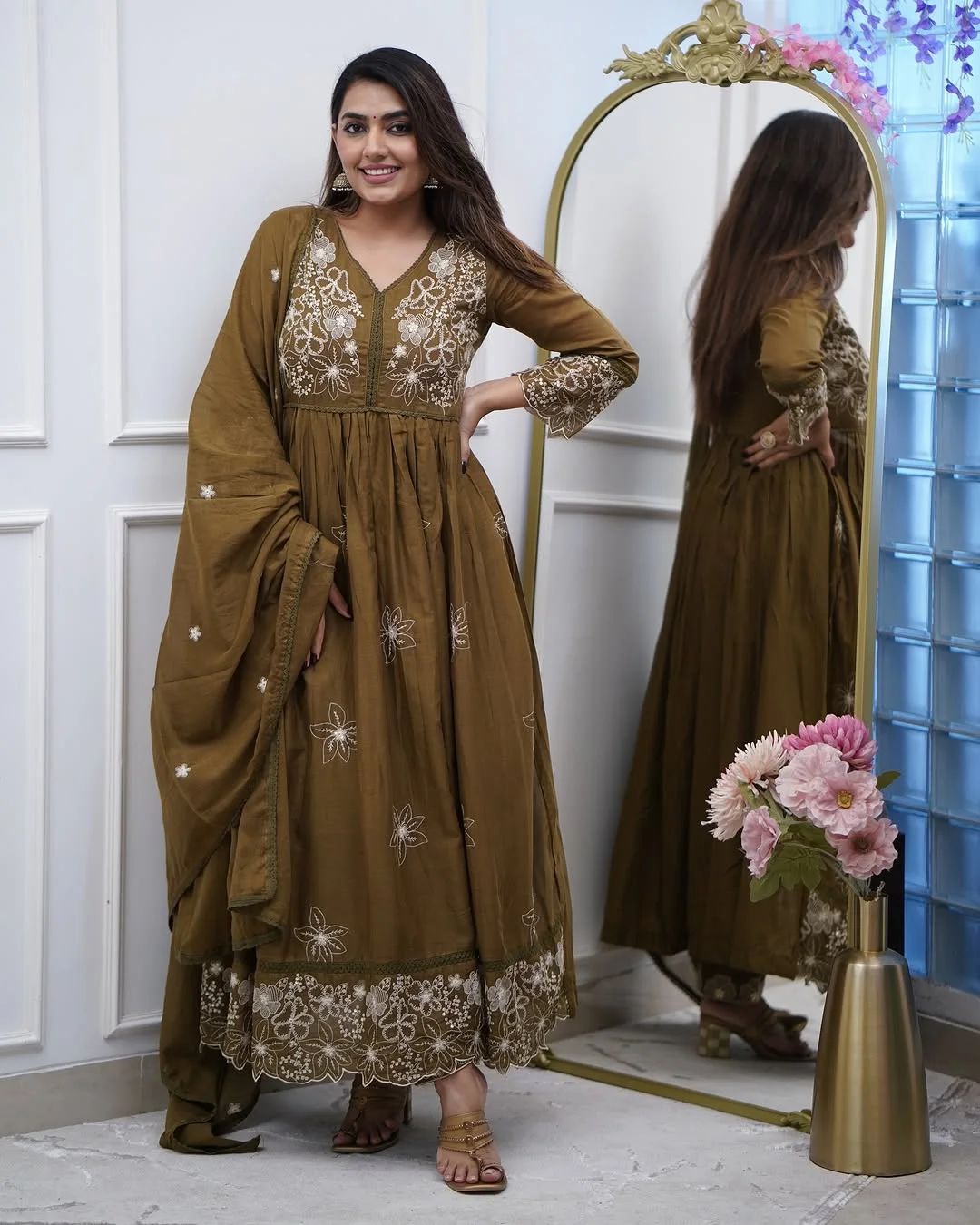 Women's Cotton Silk Kurta Set with Palazzo & Dupatta in Olive Green