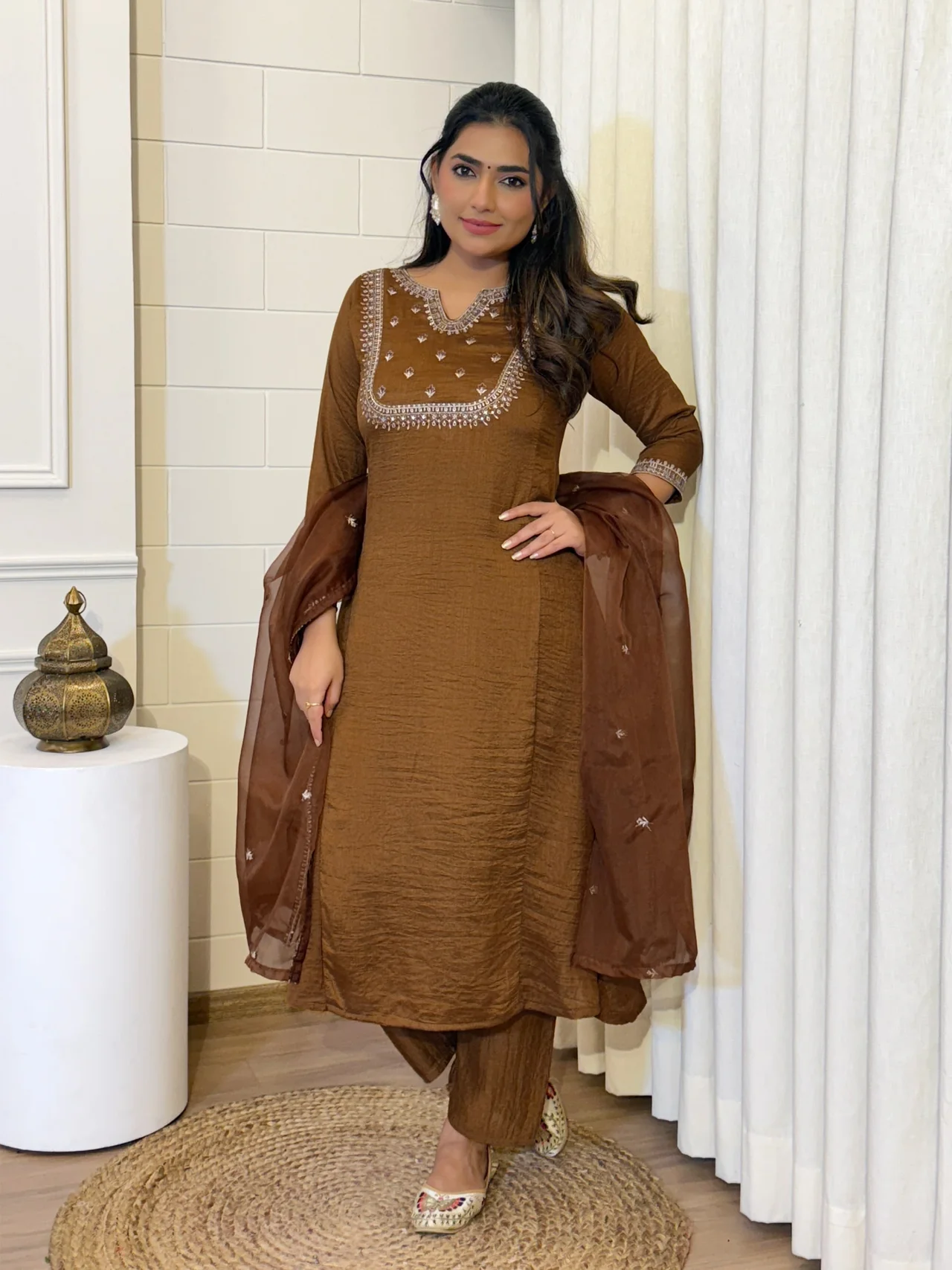 Women's Vichitra Silk Kurta Set with Palazzo & Dupatta | Embroidered Paan Neck & Flared Silhouette | Three Quarter Sleeves | Festive Wear