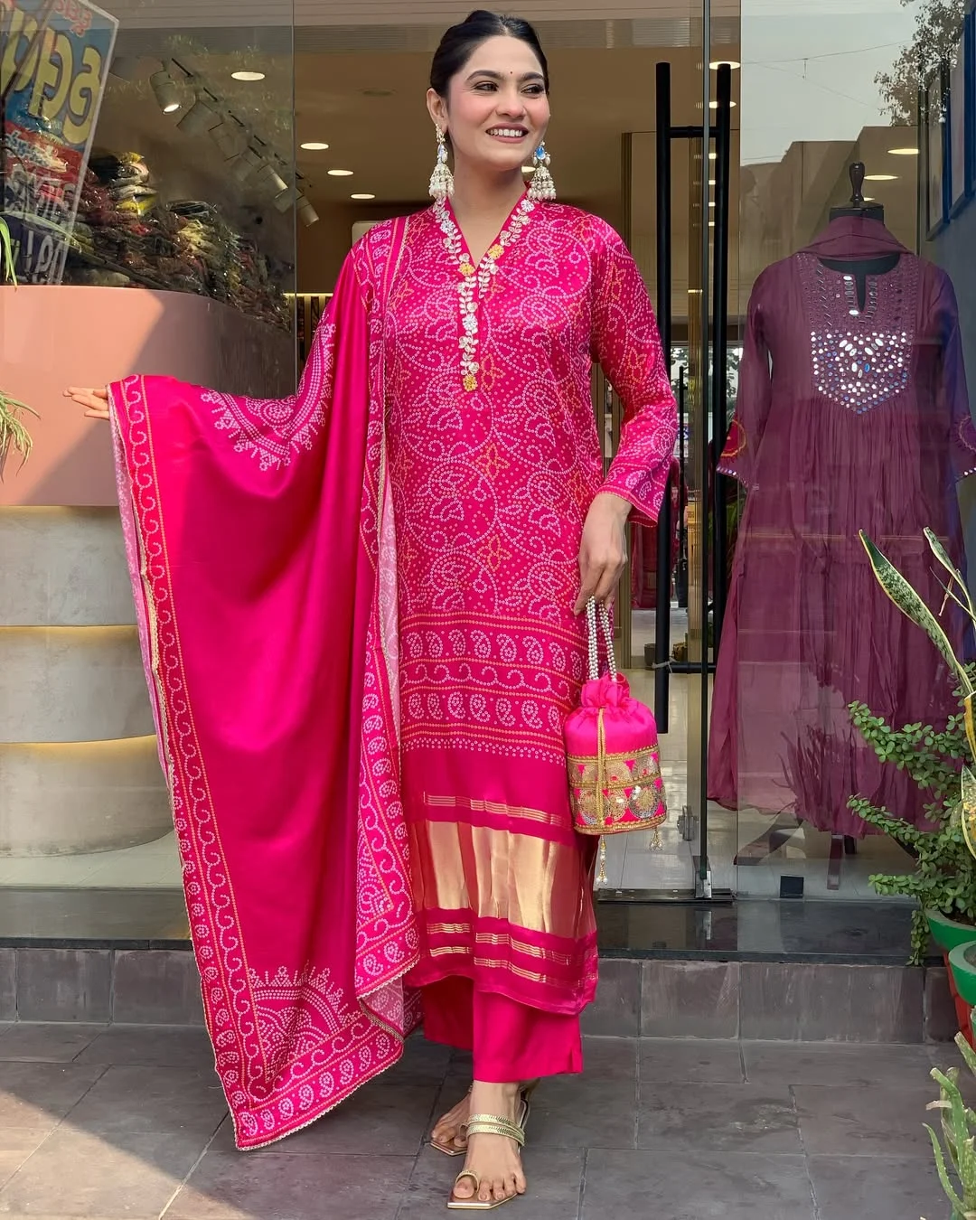 Women's Viscose Silk Kurta Set with Cotton Bottom & Chanderi Dupatta | Hand Printed with Embroidery | Three Quarter Sleeves | Festive Wear