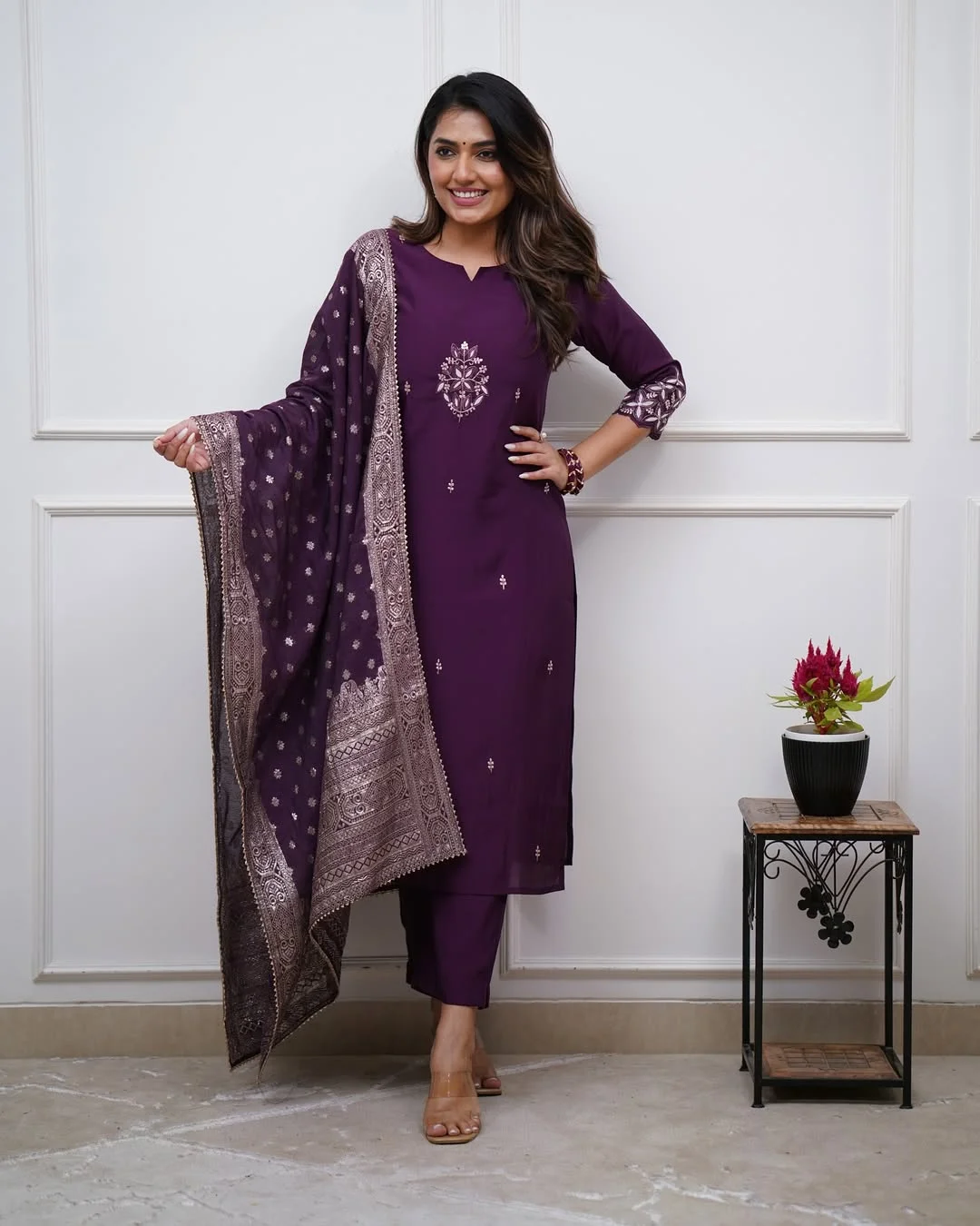 Women's PV Chanderi Kurta Set with Embroidered Top, Pant & Jacquard Dupatta | Three Quarter Sleeves | Straight Cut | Festive Wear