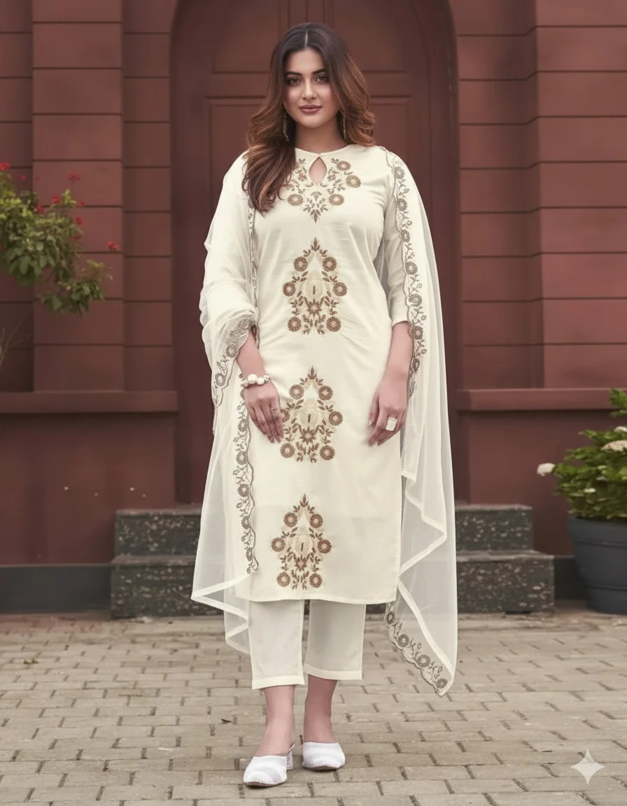 Women's Rayon Slub Kurta Set with Pant and Dupatta | Embroidered with Cut Work | Three Quarter Sleeves | Festive Wear