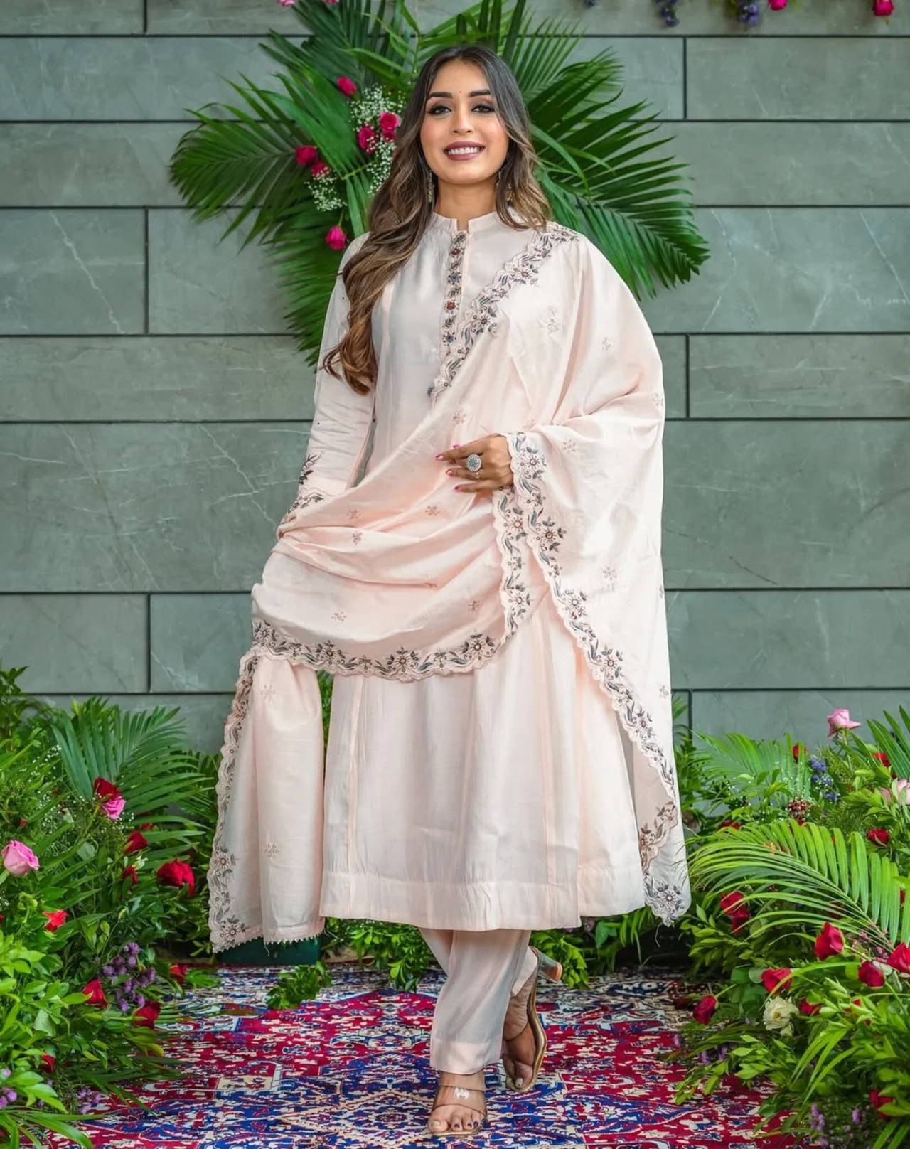 Women's Muslin Cotton Embroidered Kurta Set with Dupatta | Flared Silhouette | Three Quarter Sleeves | Festive Wear