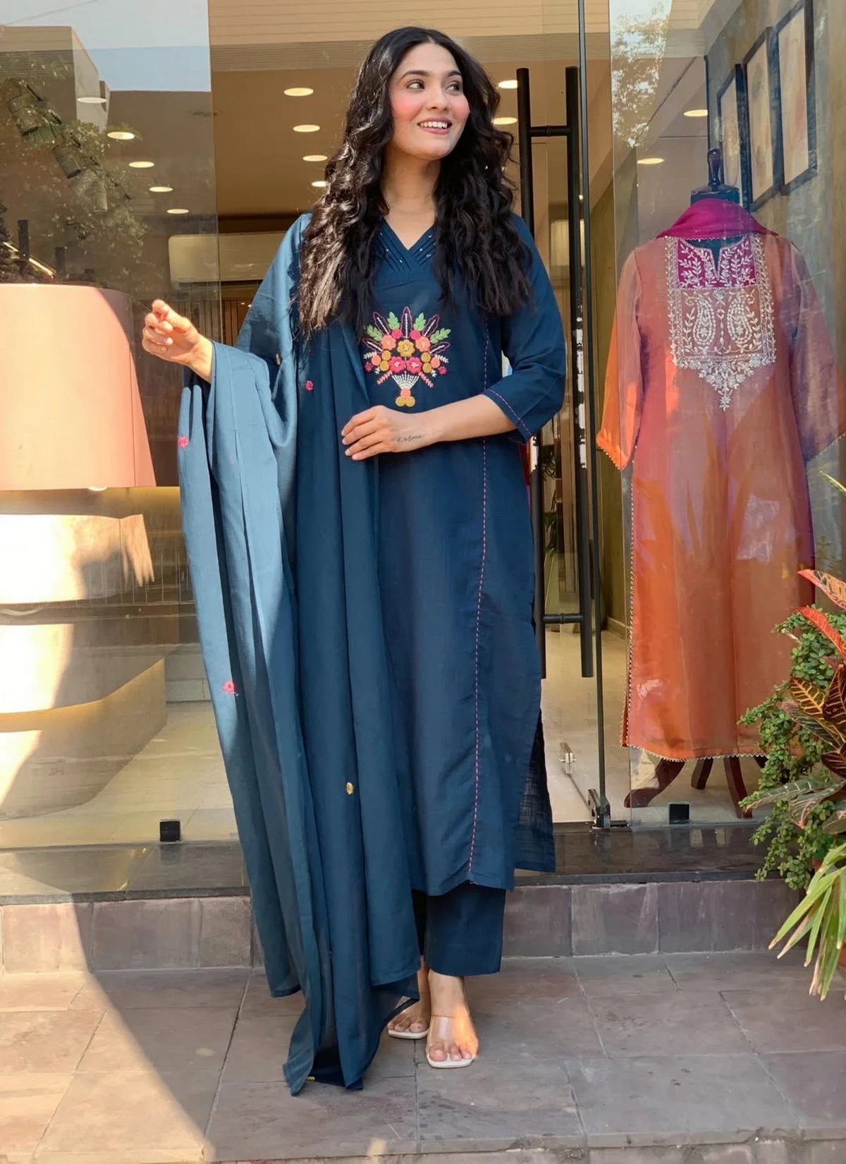 Women's Rayon Slub Embroidered Kurta Set with Pant & Dupatta in Teal