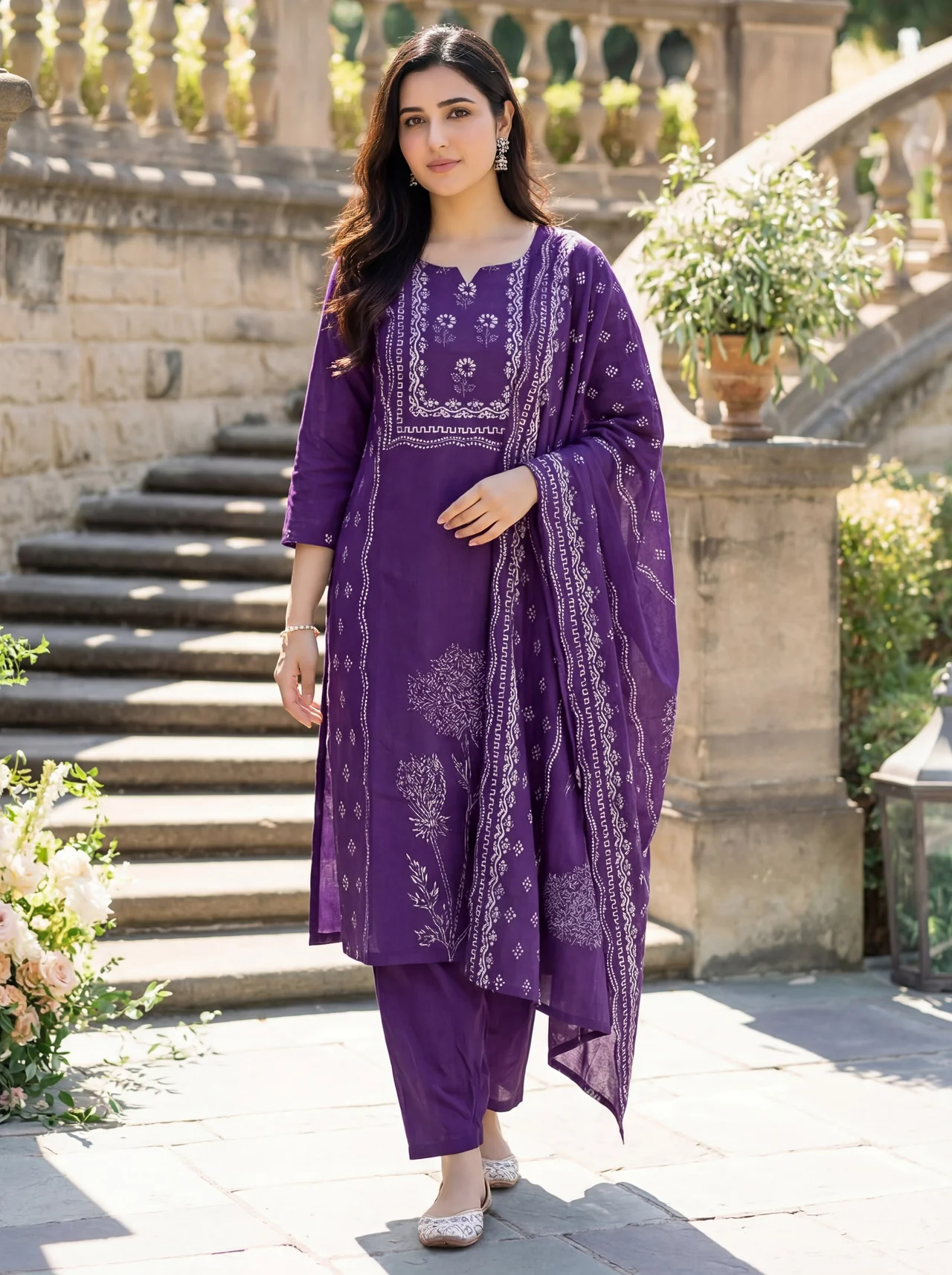 Women's Muslin Kurta Set with Pant & Dupatta in Purple