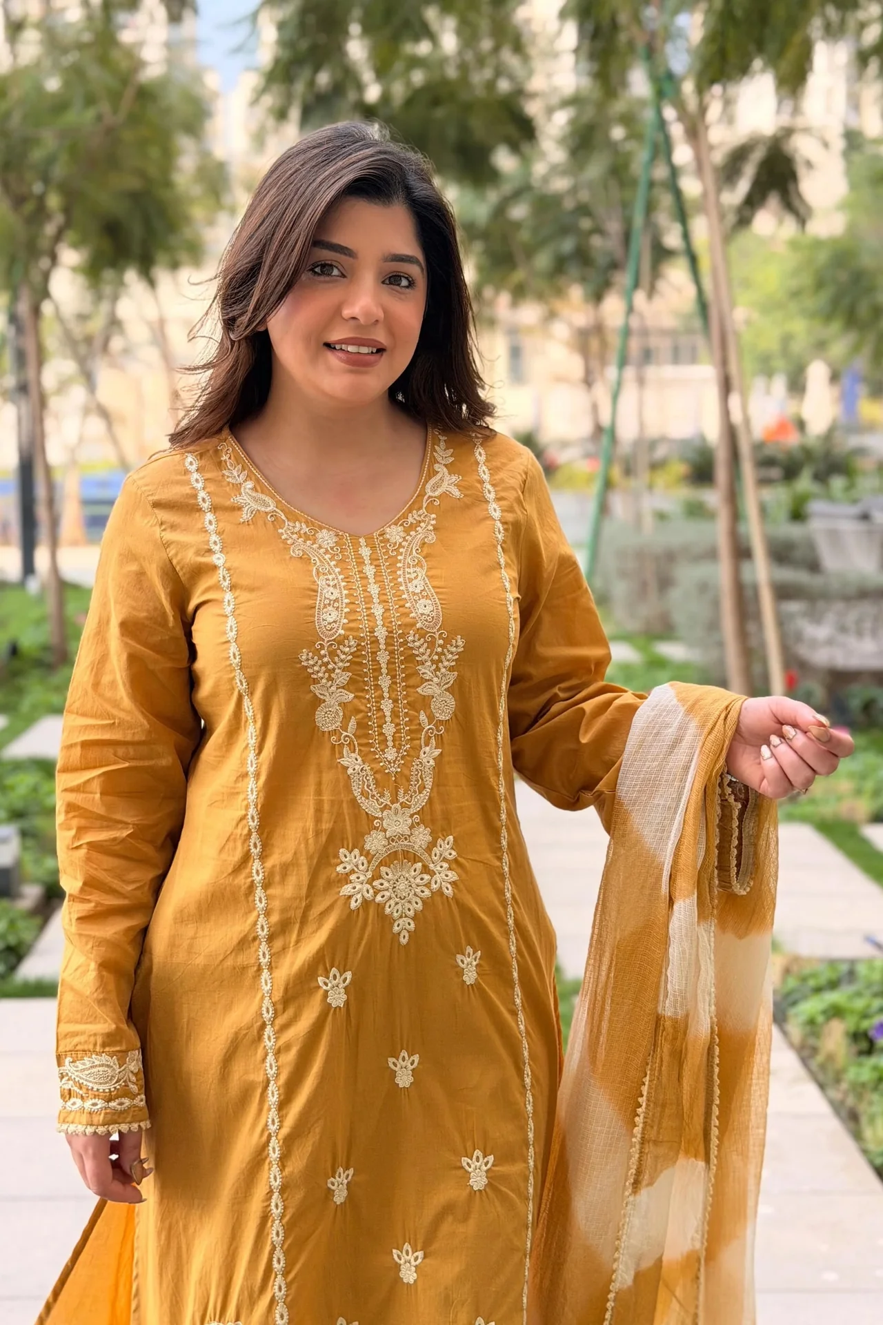 Women's Roman Silk Kurta Set with Palazzo & Dupatta | Embroidered with Shiffali Lace Work | 44+ Inch Length | Festive Wear