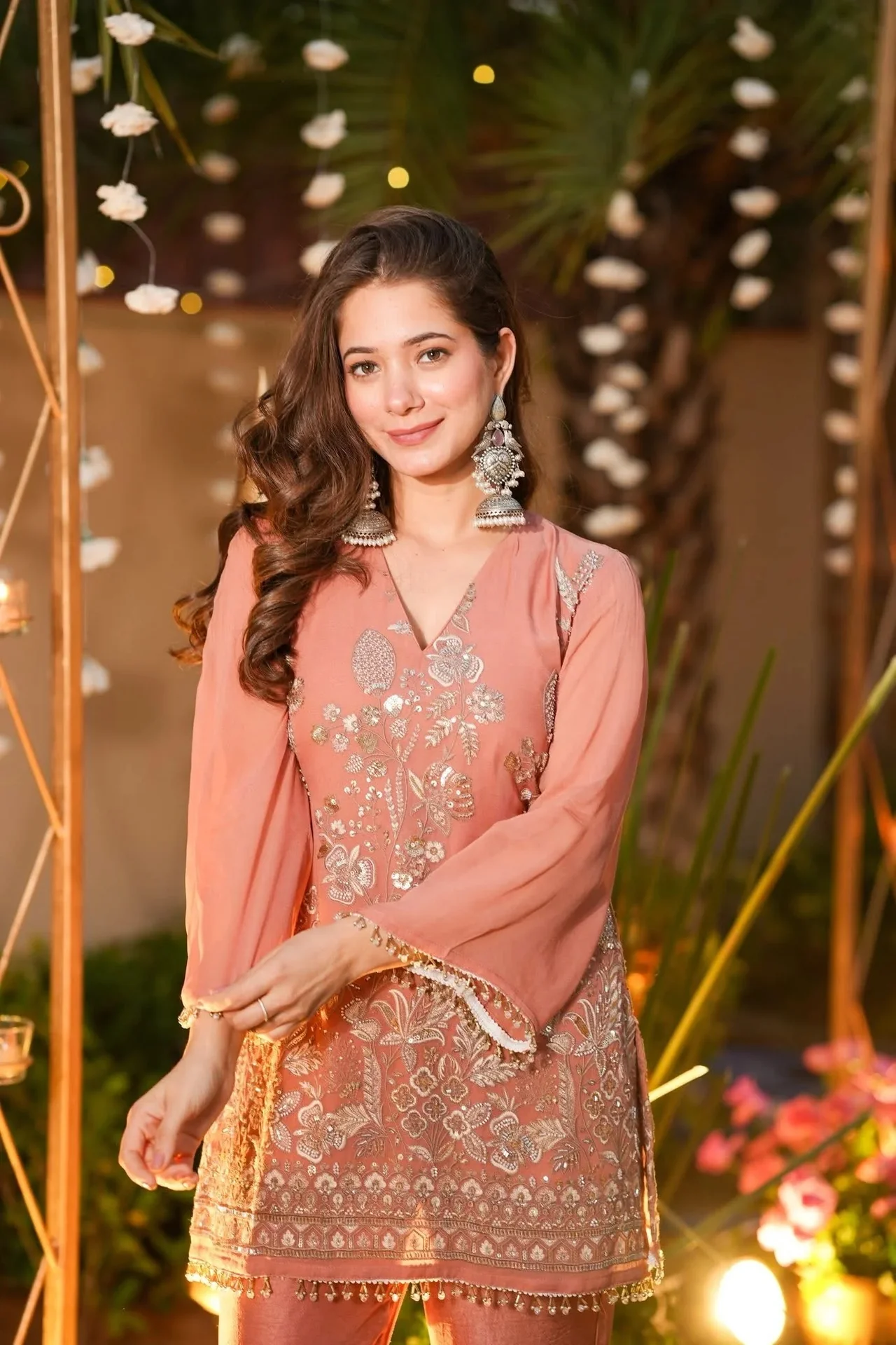 Women's Crunchy Silk Kurta Set with Palazzo in Peach