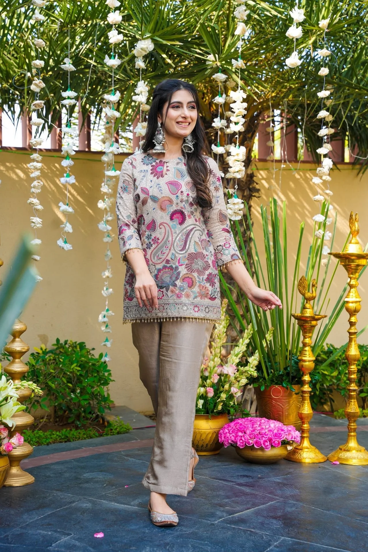 Women's Vichitra Silk Kurta Set with Pant | Heavy Embroidered Work with Sequins and Latkan | Three Quarter Sleeves | Festive Wear