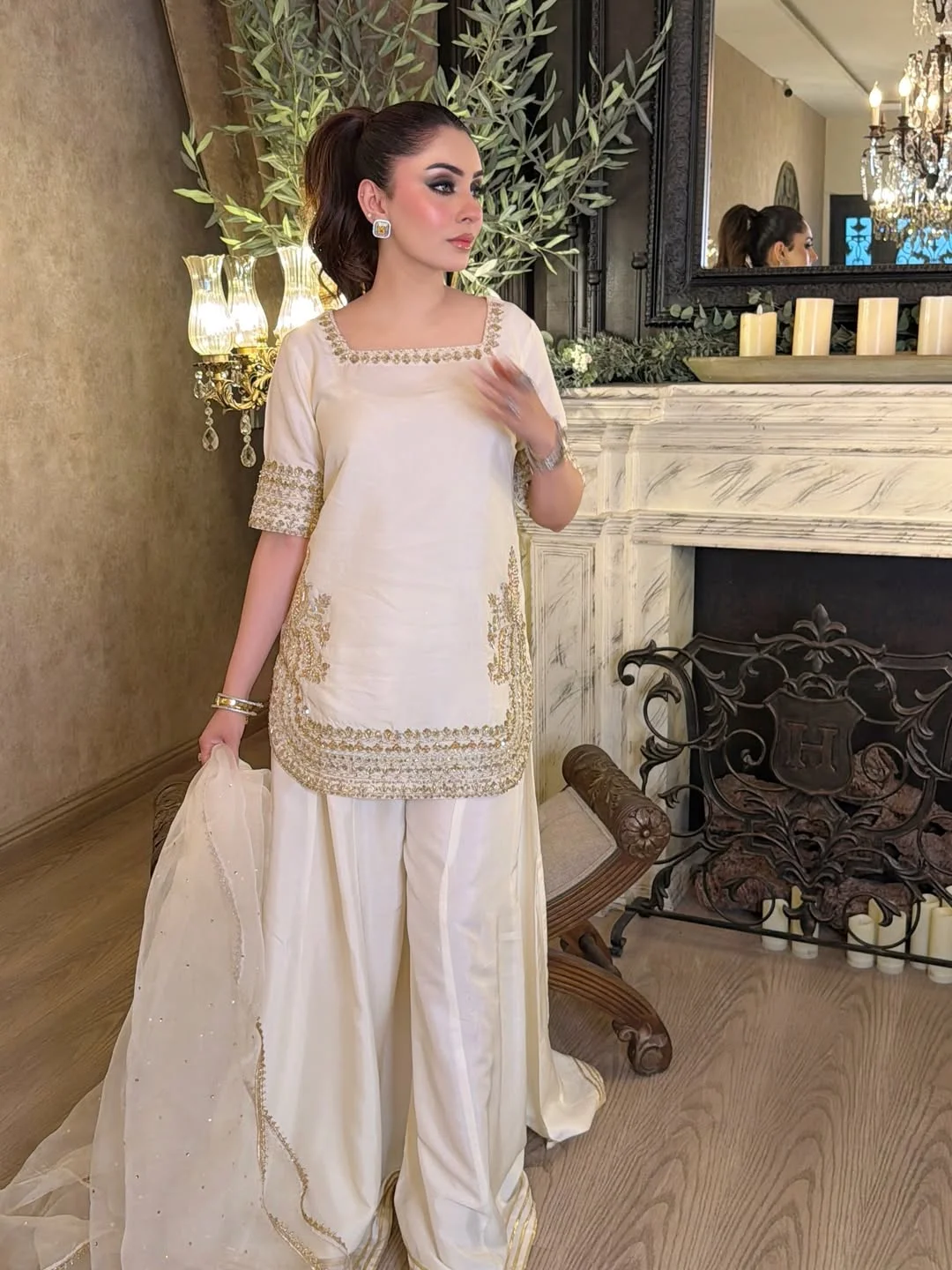 Women's Chinon Embroidered Kurta Set with Flared Palazzo and Organza Dupatta | Square Neck | Half Sleeves | Festive Wear