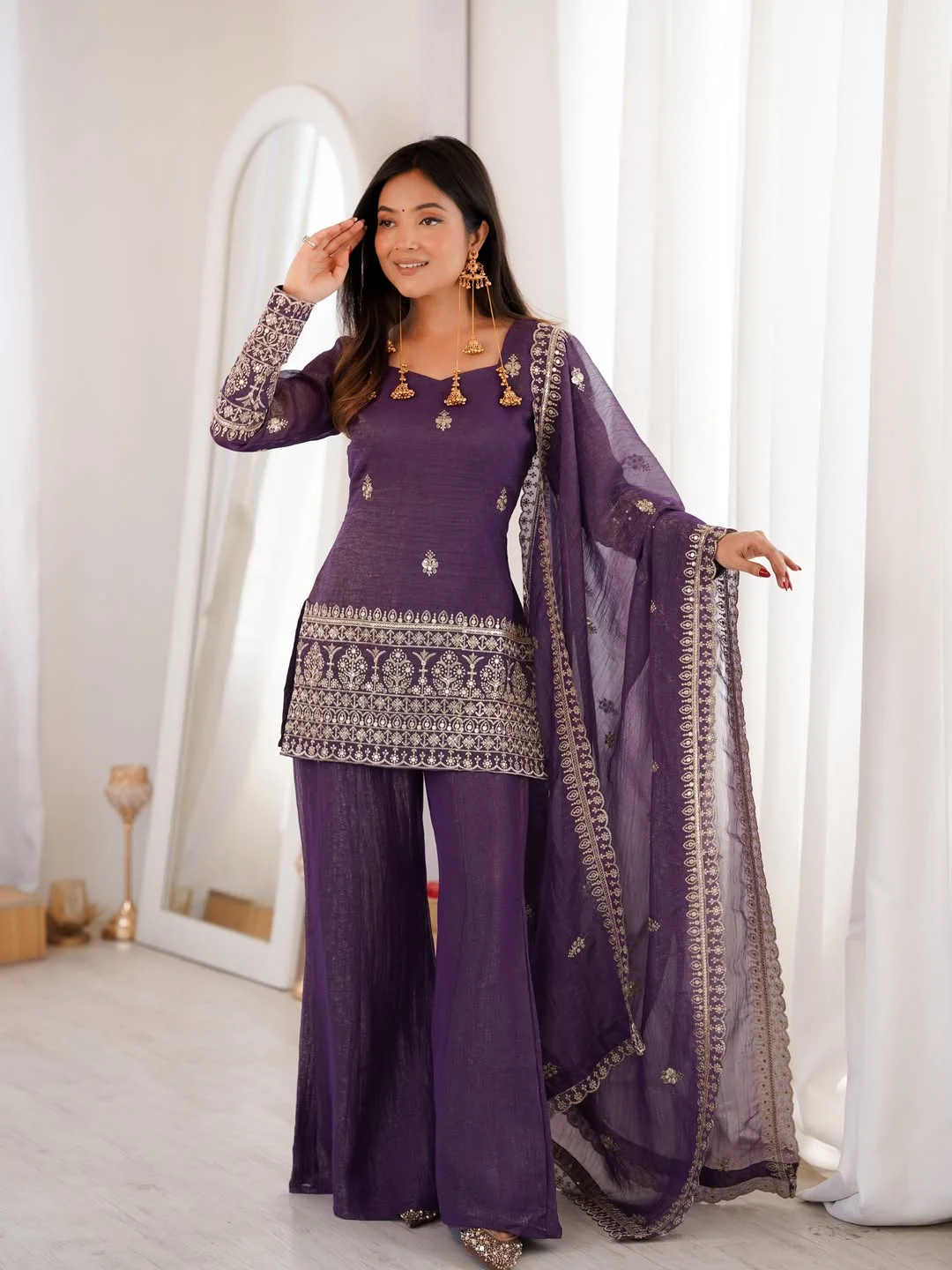 Women's Crunchy Silk Kurta Set with Palazzo and Dupatta in Purple