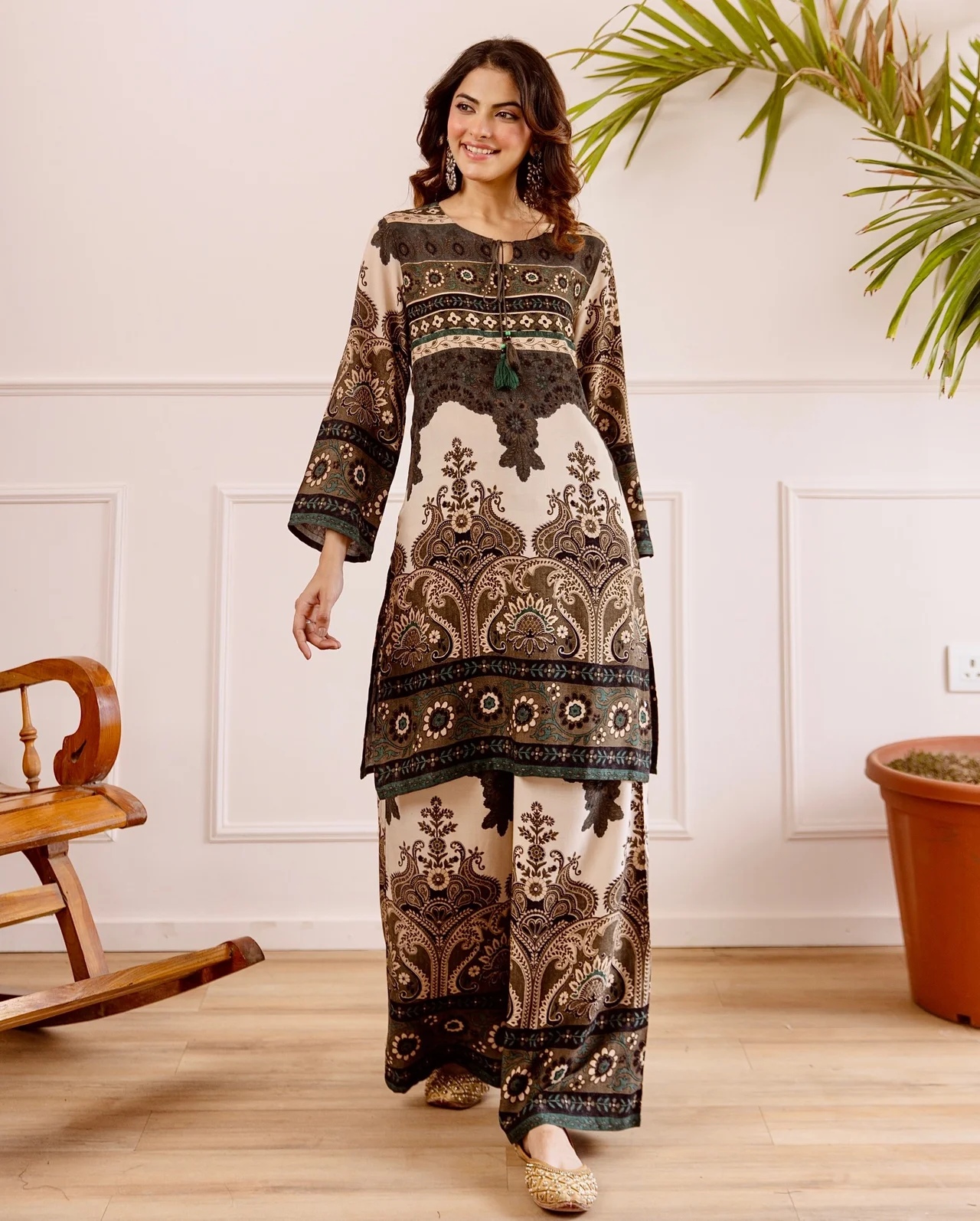 Women's Rayon Slub Kurta Set with Palazzo in Coffee Brown