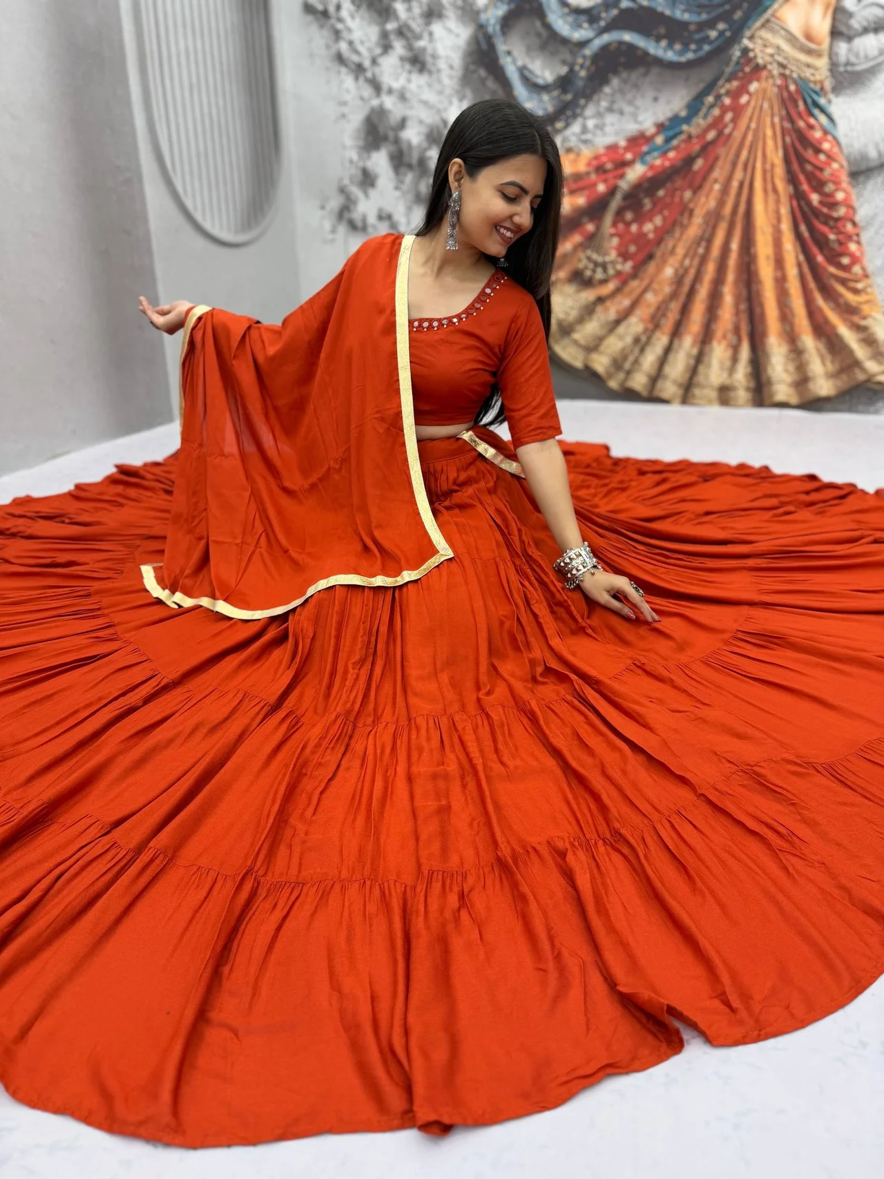 Navratri Special Rion Cotton Lehenga Choli for Women in Orange