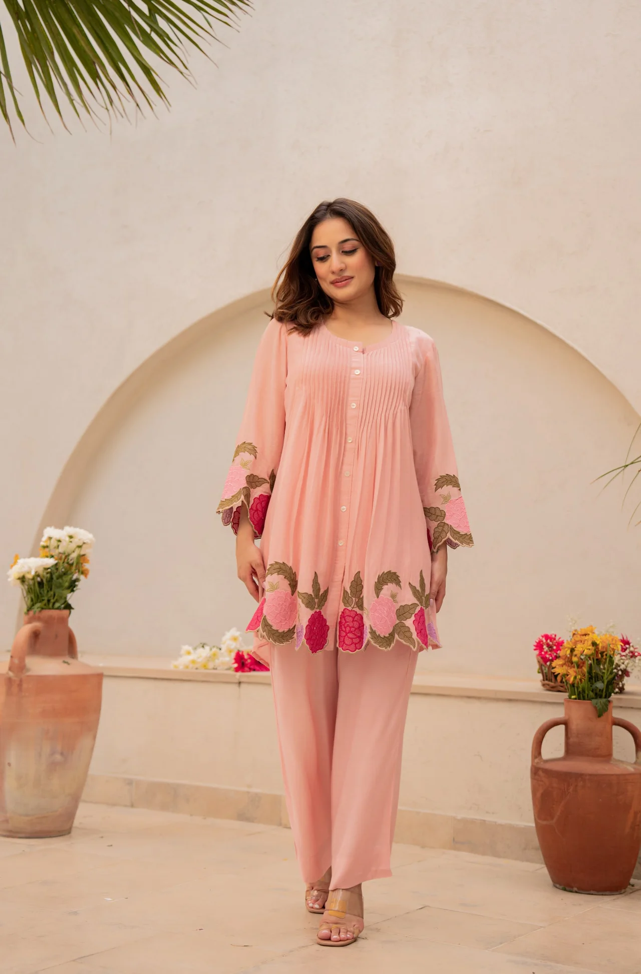 Women's Chanderi Silk Kurta Set with Pant in Peach