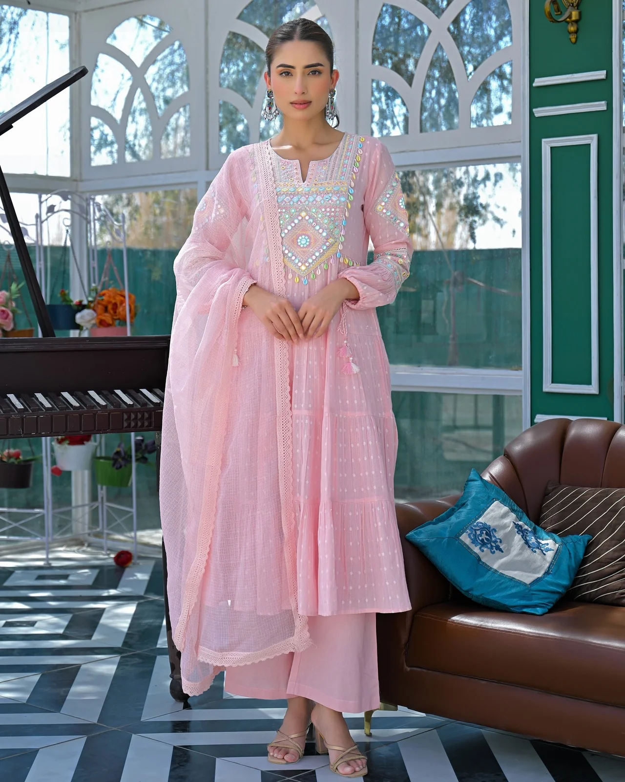 Women's Flex Cotton Kurta Set with Pant and Dupatta in Baby Pink