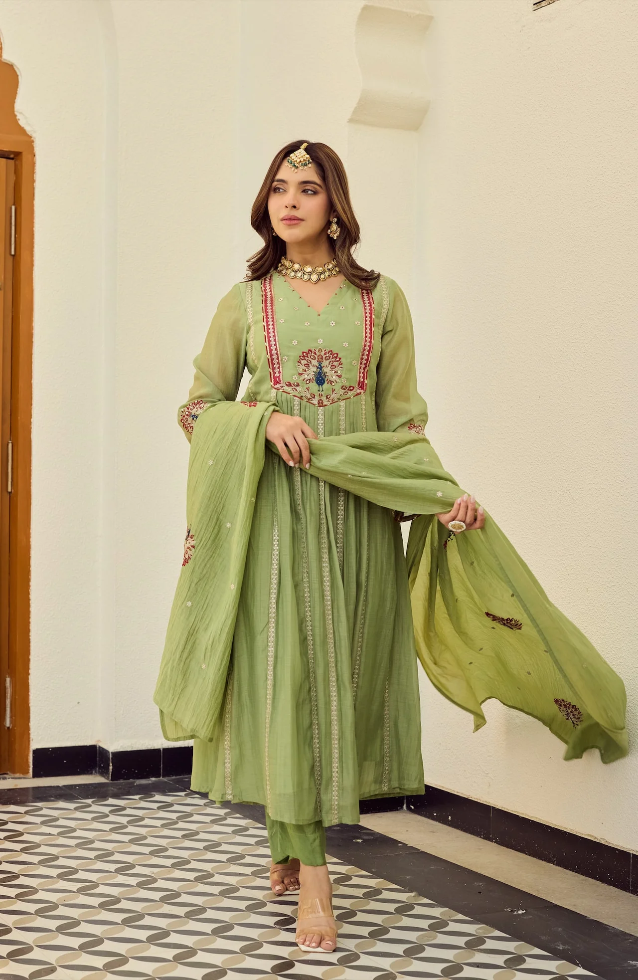 Women's Chanderi Silk Kurta Set with Pant and Dupatta in Sage Green