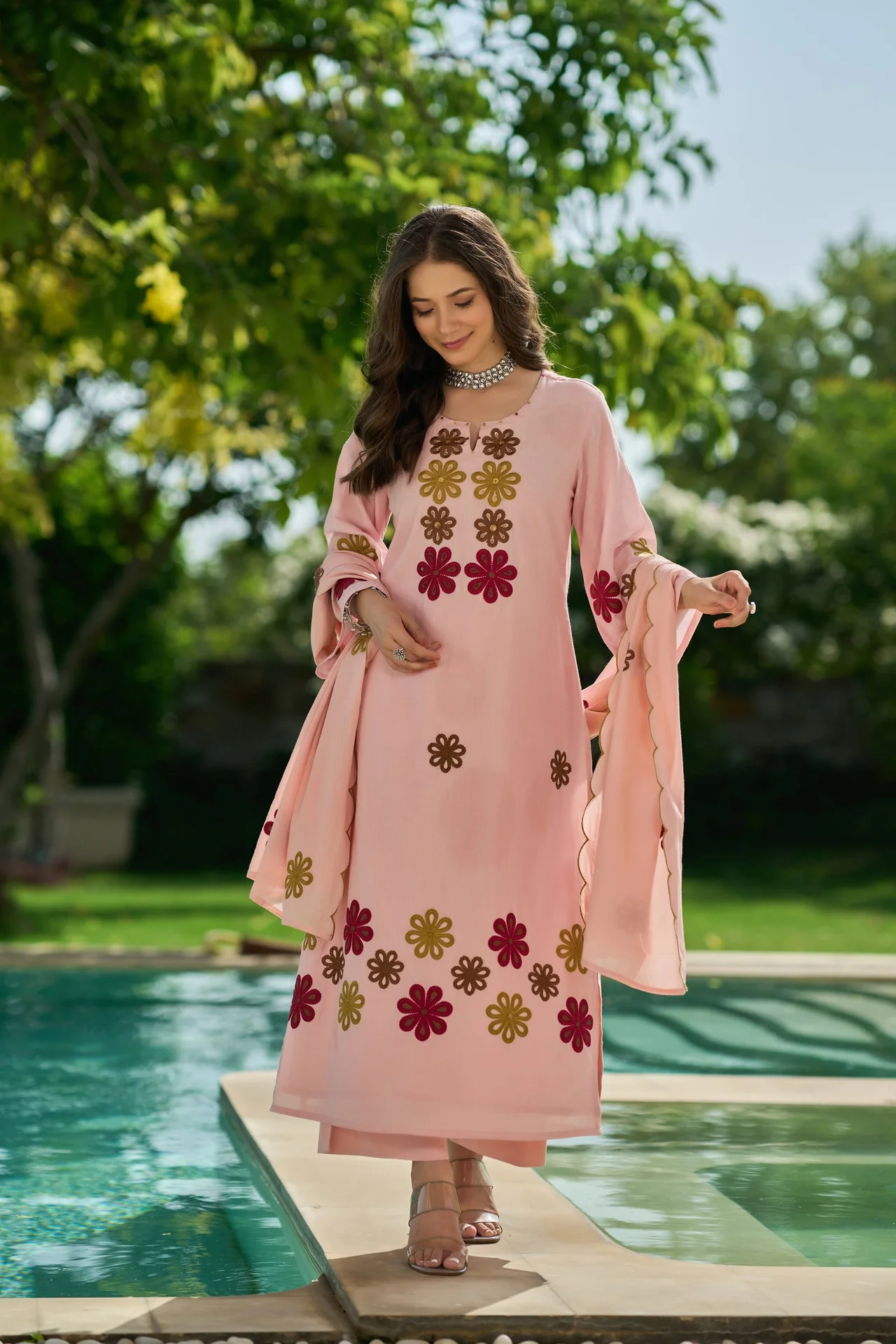 Women's Chanderi Silk Kurta Set with Pant and Dupatta in Peach