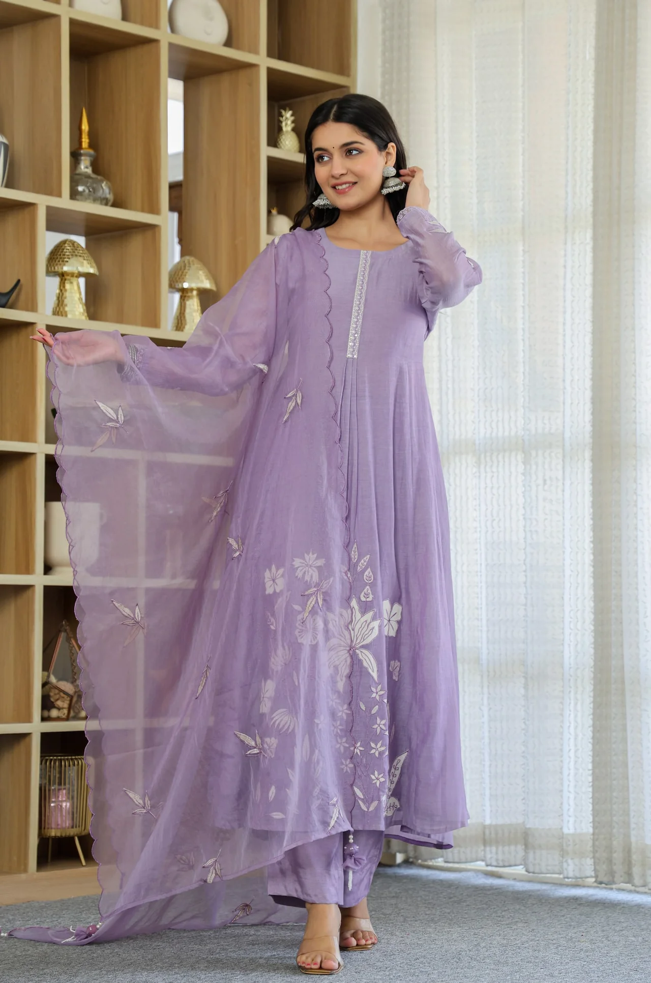 Women's Chanderi Silk Kurta Set with Pant and Embroidered Dupatta in Lavender