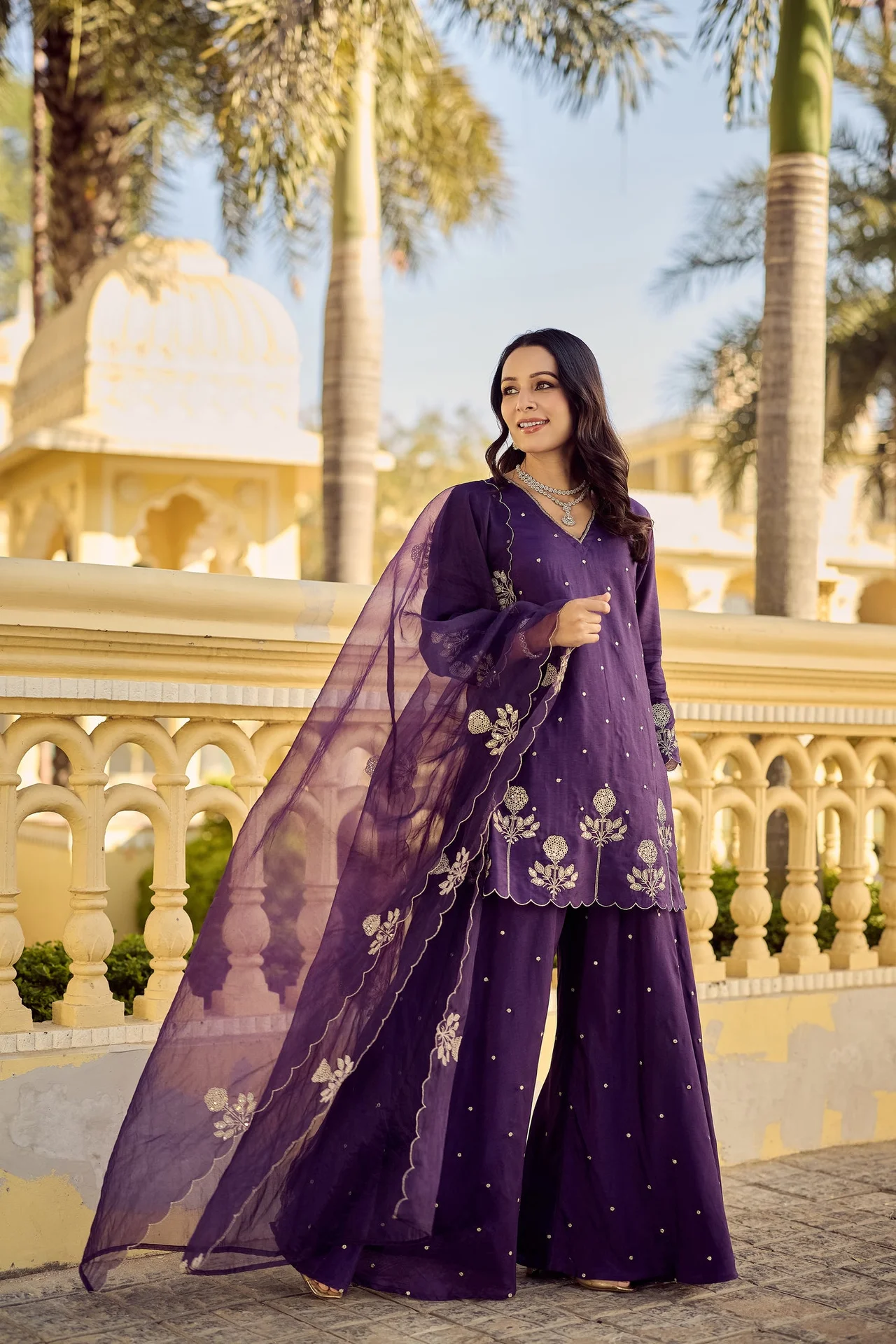 Women's Chanderi Silk Kurta Set with Palazzo and Embroidered Organza Dupatta in Purple