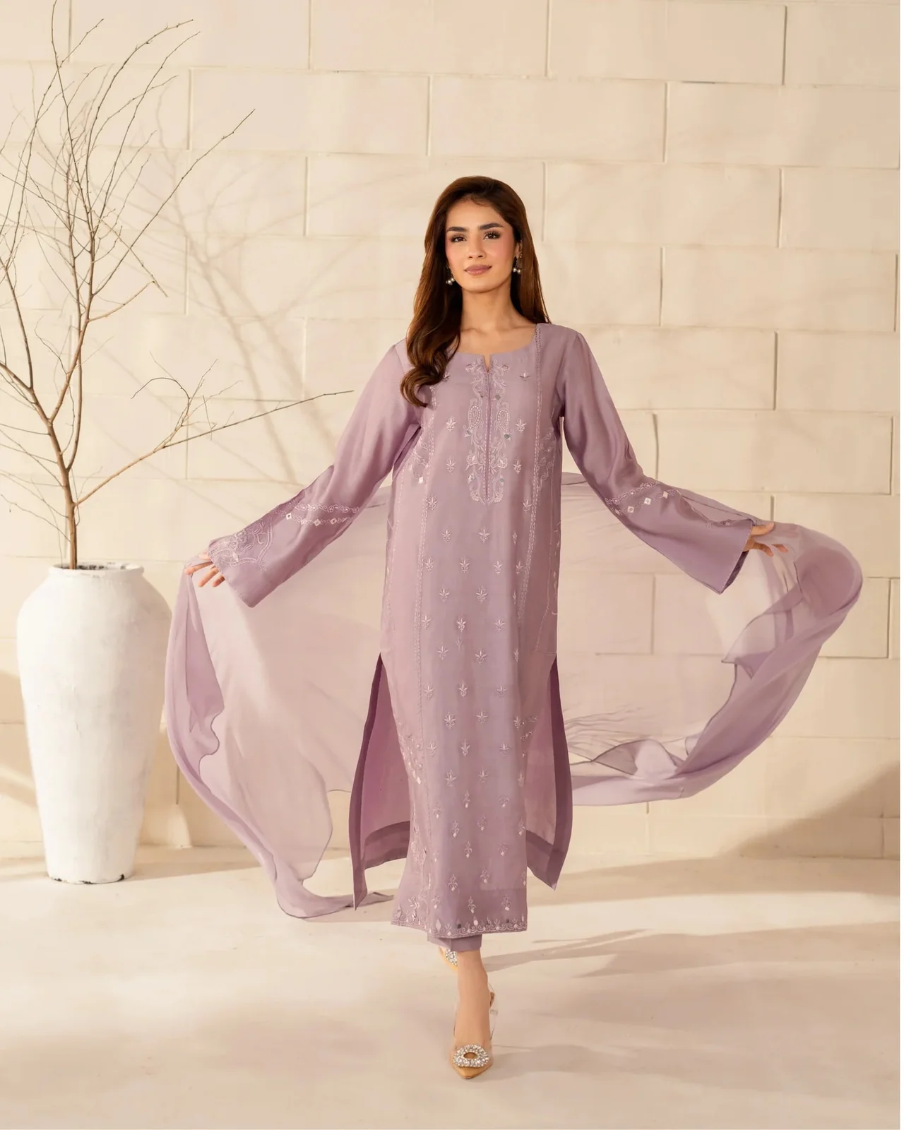 Women's French Crepe Silk Kurta Set with Pant and Chinnon Dupatta in Lavender