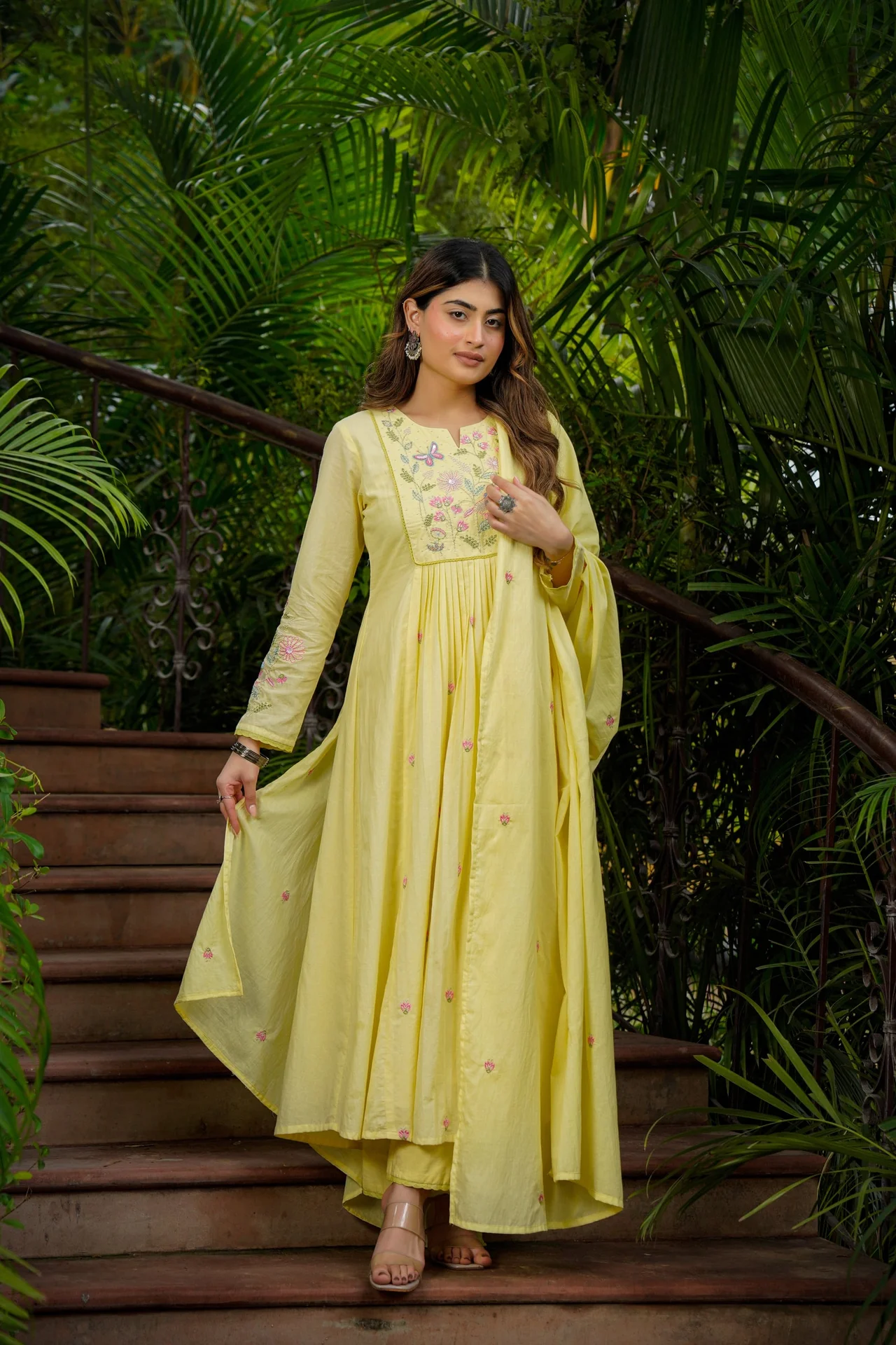 Women's Chanderi Silk Kurta Set with Pant and Dupatta | Embroidered Yoke and Sleeves | Flared Silhouette | Festive Wear