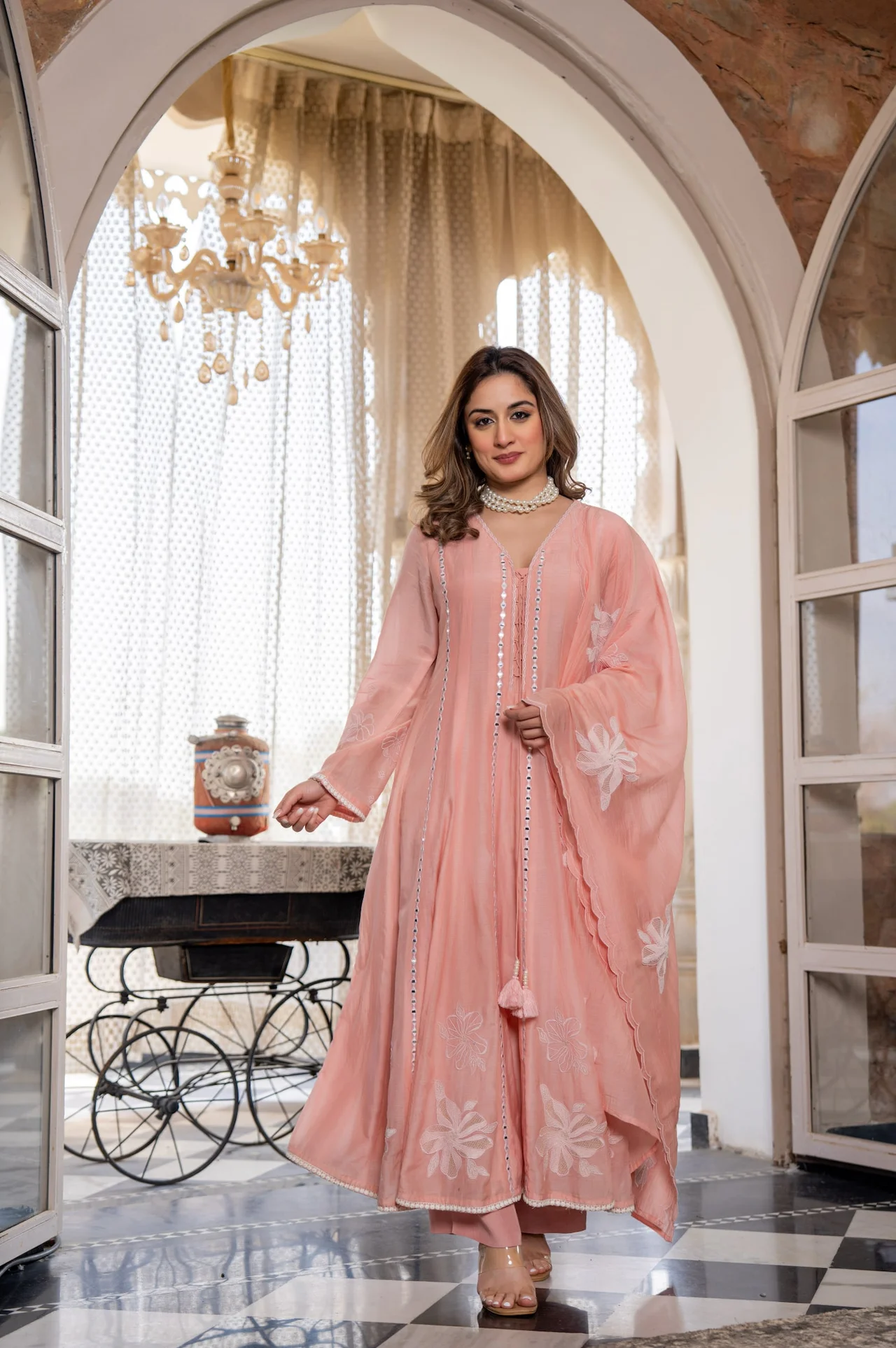 Women's Chanderi Silk Kurta Set with Pant and Dupatta | Sequin Floral Embroidery | 48 Inch Length | Full Sleeves | Festive Wear