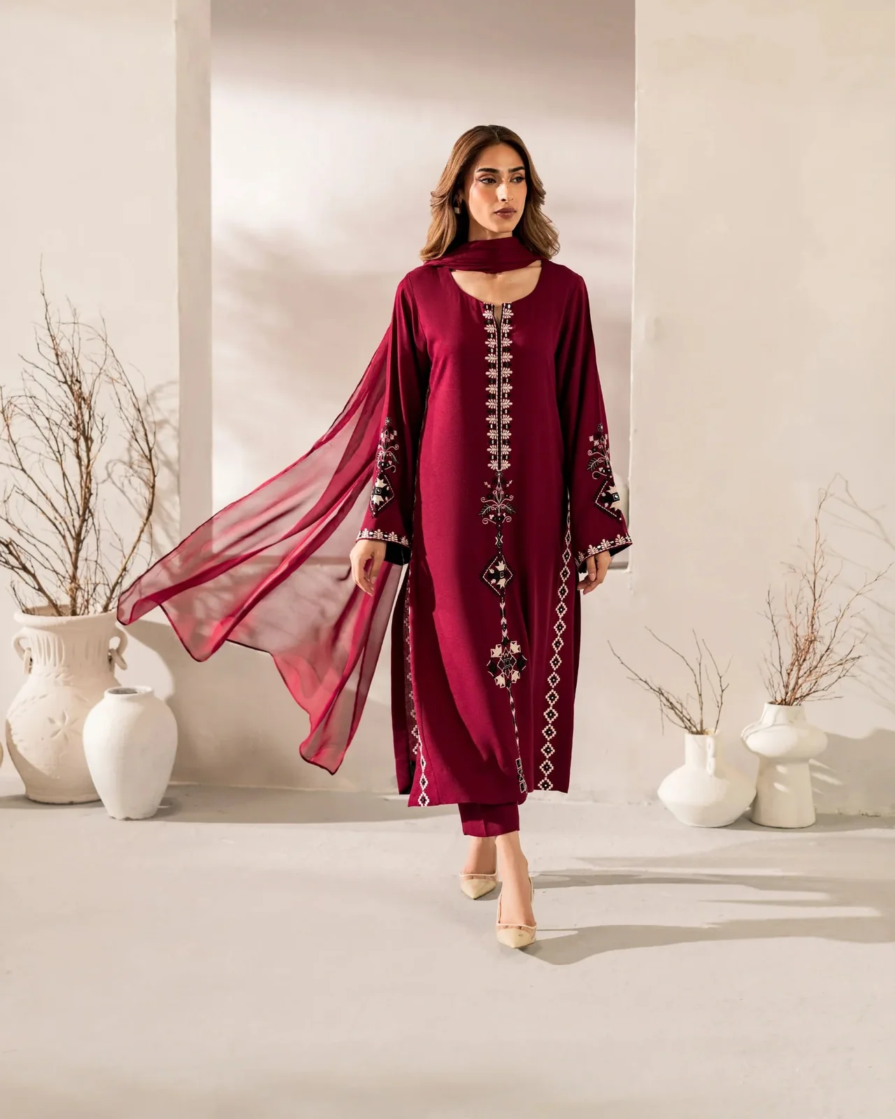 Women's Chanderi Silk Kurta Set with Pant and Dupatta | Embroidered Front Panel and Sleeves | Full Sleeves | Festive Wear
