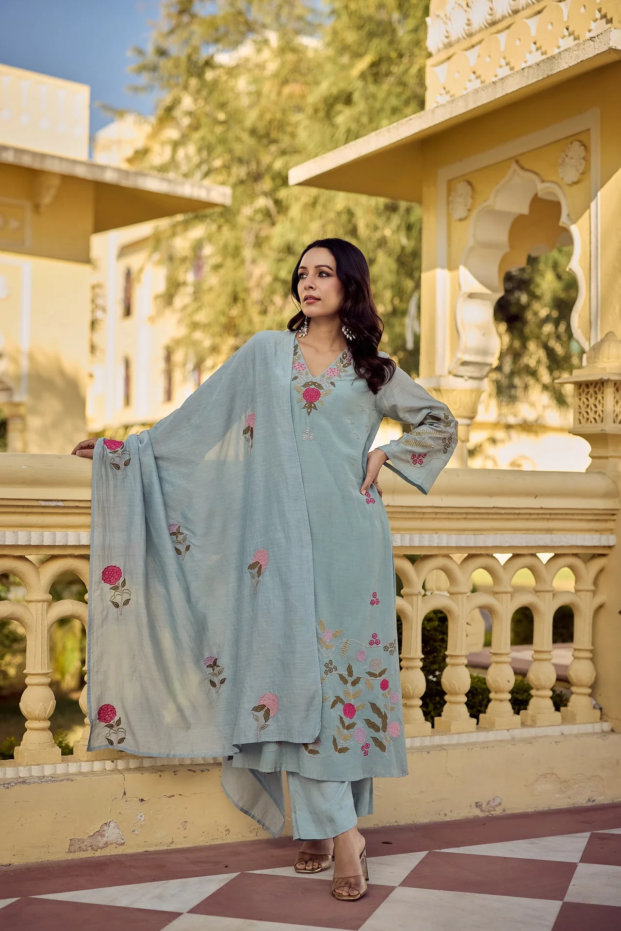 Women's Chanderi Silk Kurta Set with Pant and Dupatta | V Neck Thread Embroidery | Elastic Waist | Full Sleeves | Festive Wear