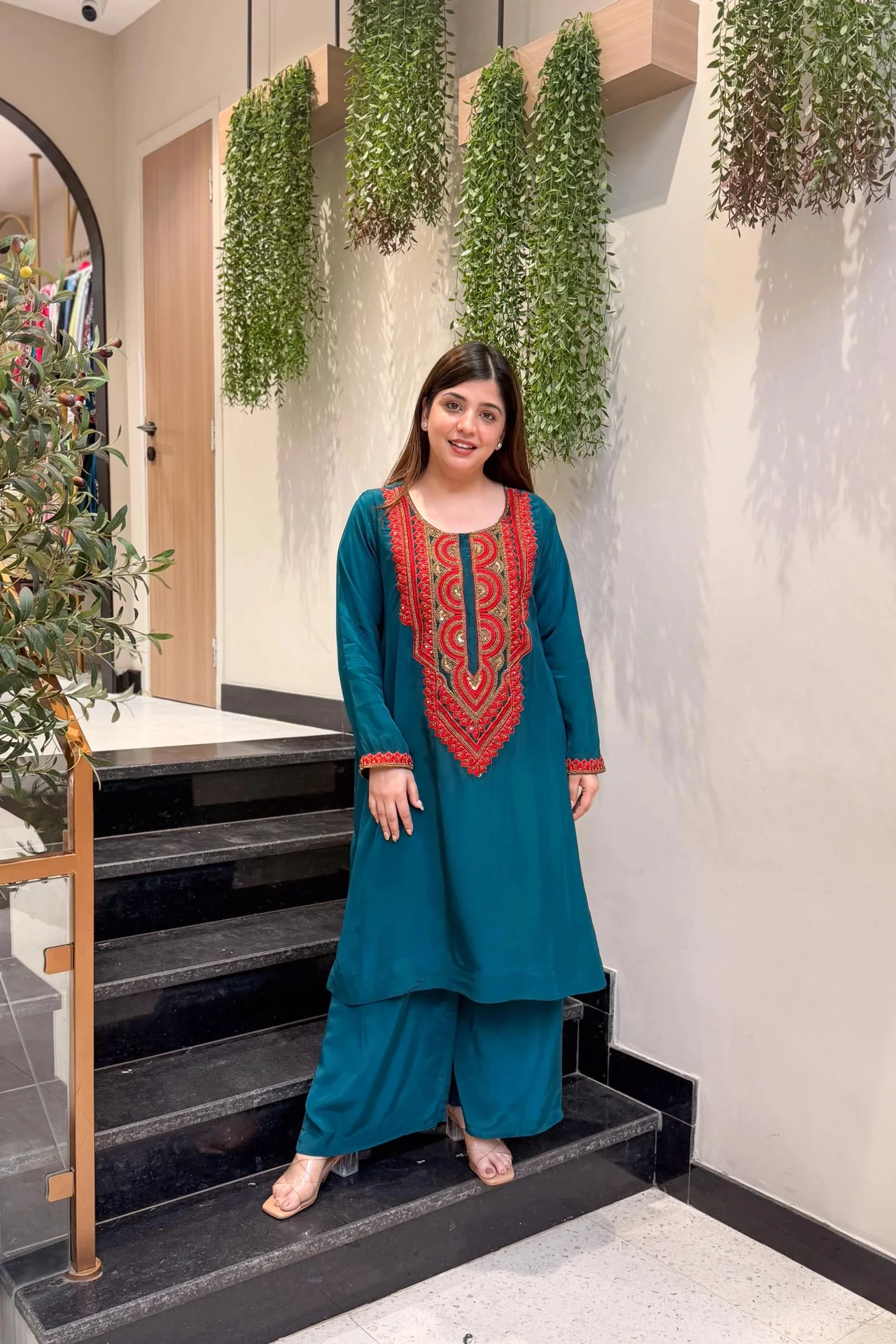 Women's French Crepe Embroidered Kurta Set with Pant | Full Sleeves | Straight Cut Silhouette | Ethnic Festive Wear