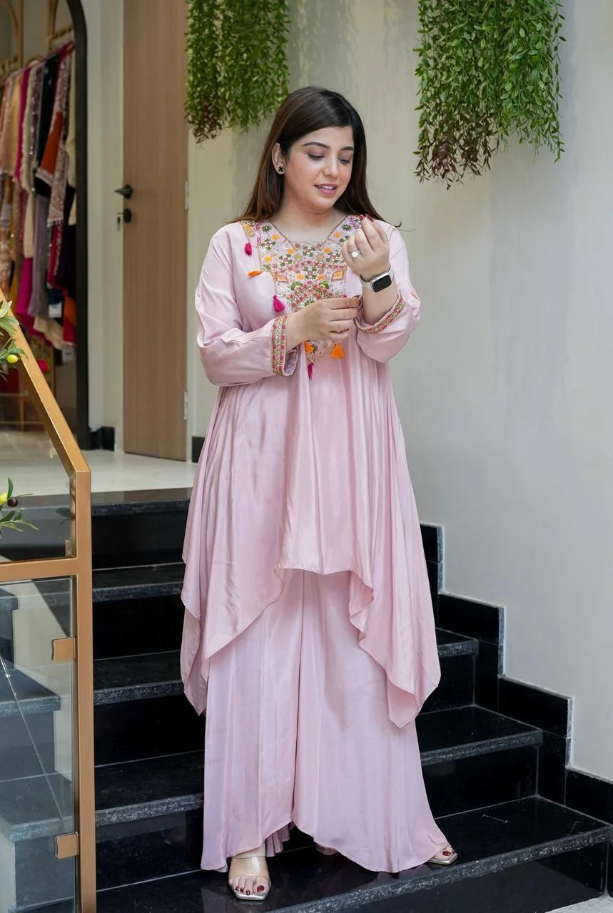Women's French Crepe Kurta Set with Palazzo in Onion Pink