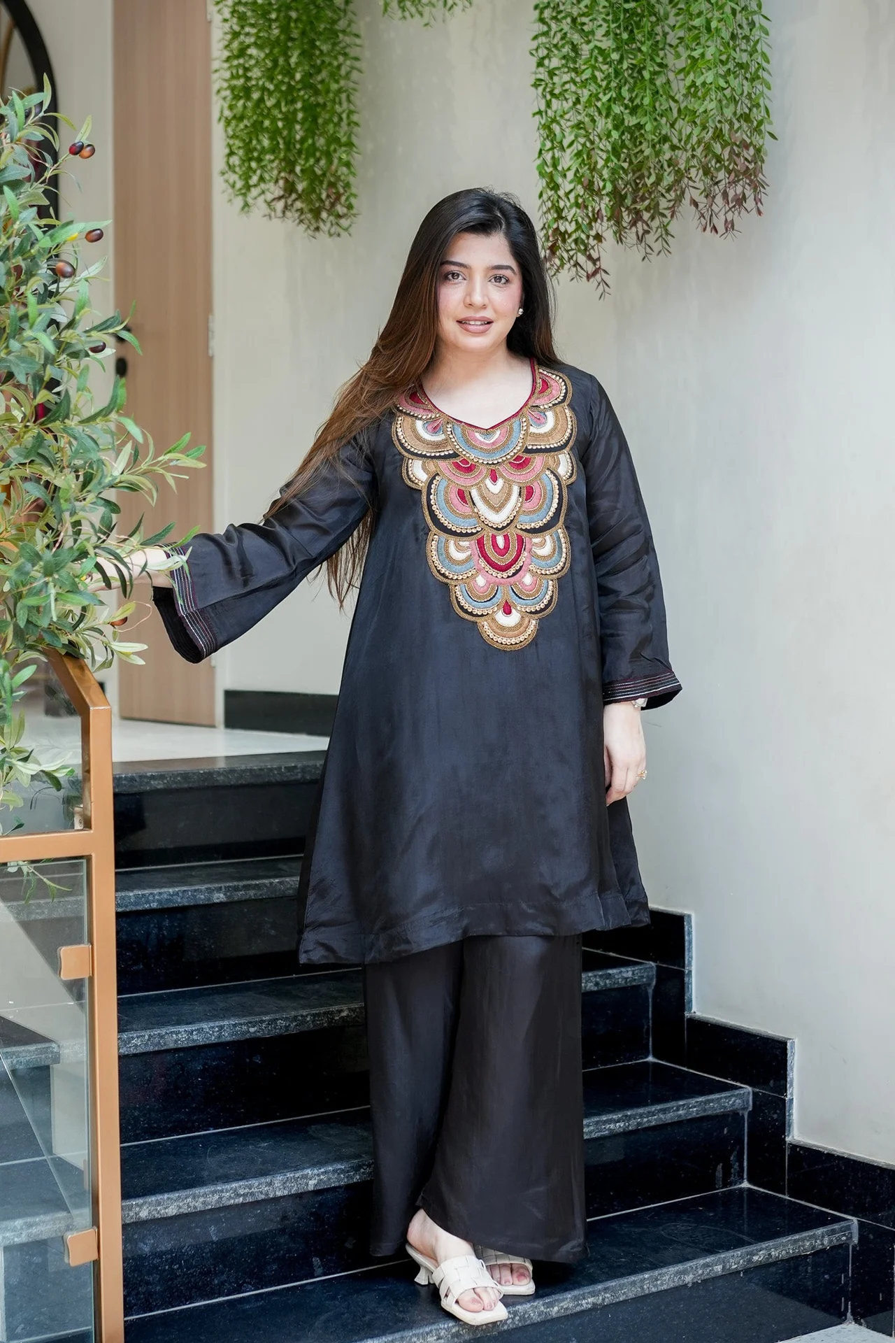 Women's French Crepe Kurta Set with Pant in Black