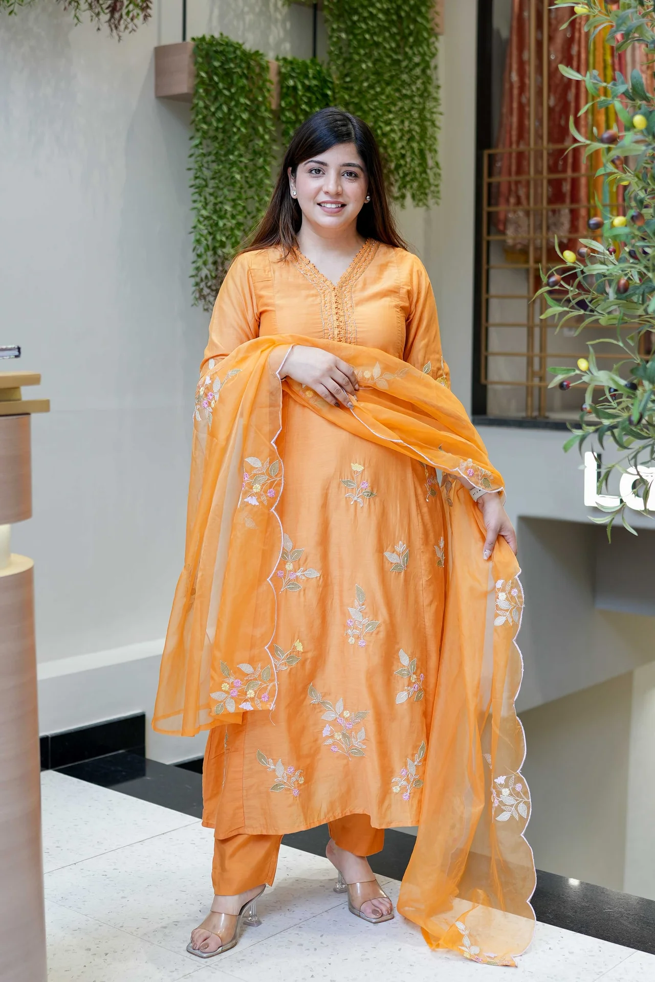Women's Muslin Kurta Set with Embroidered Pant and Organza Dupatta in Orange