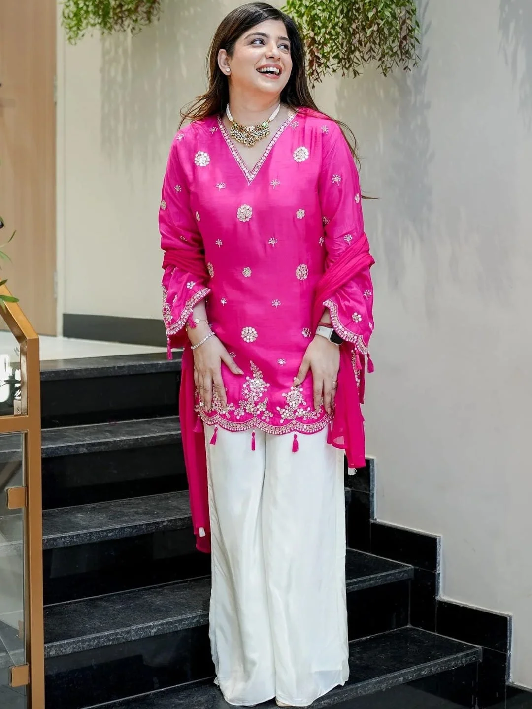 Women's Silk Kurta Set with Pant and Nazmin Dupatta in Fuchsia
