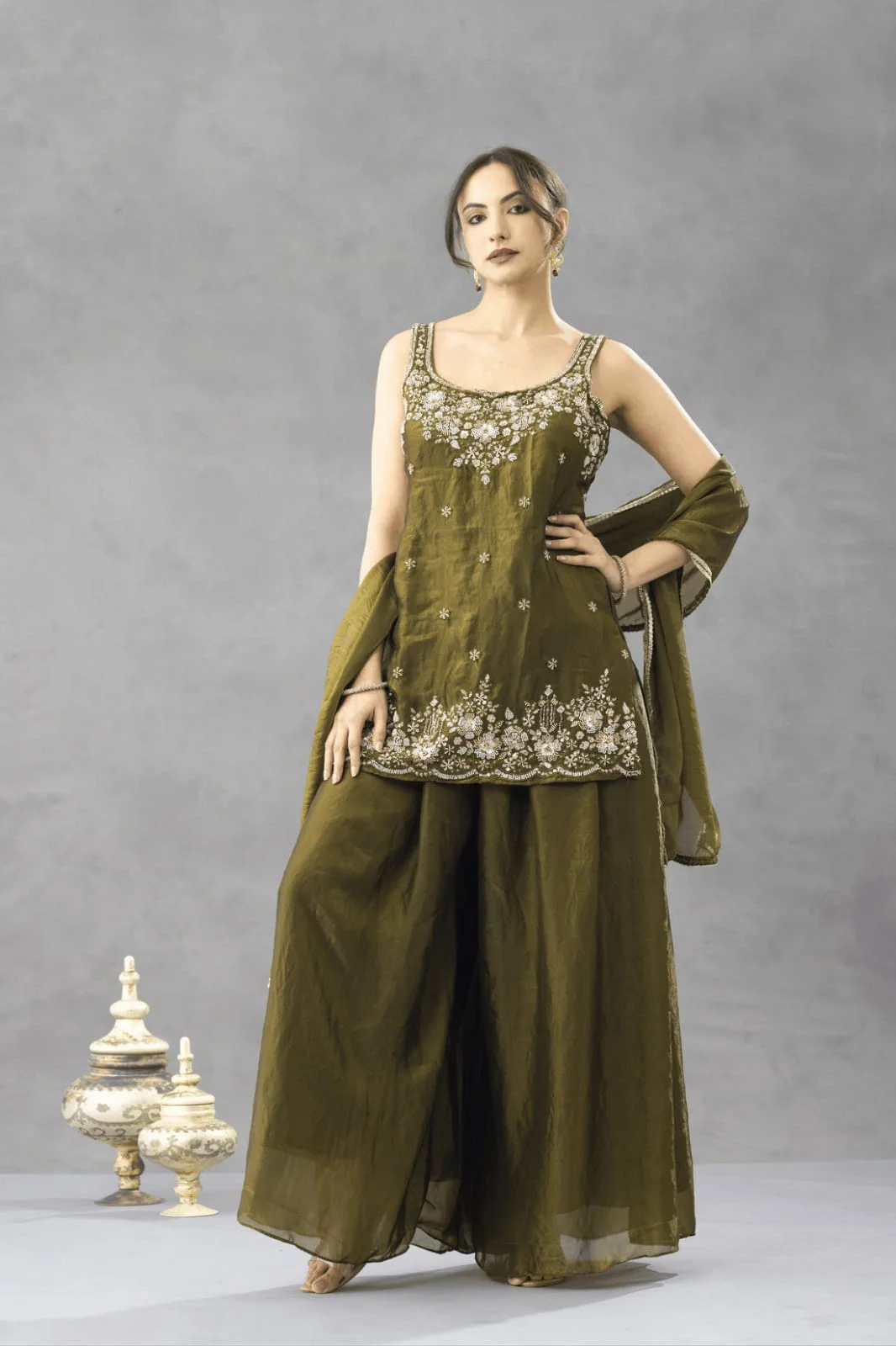 Women's Embroidered Chartin Kurta Set with Palazzo and Dupatta in Olive Green
