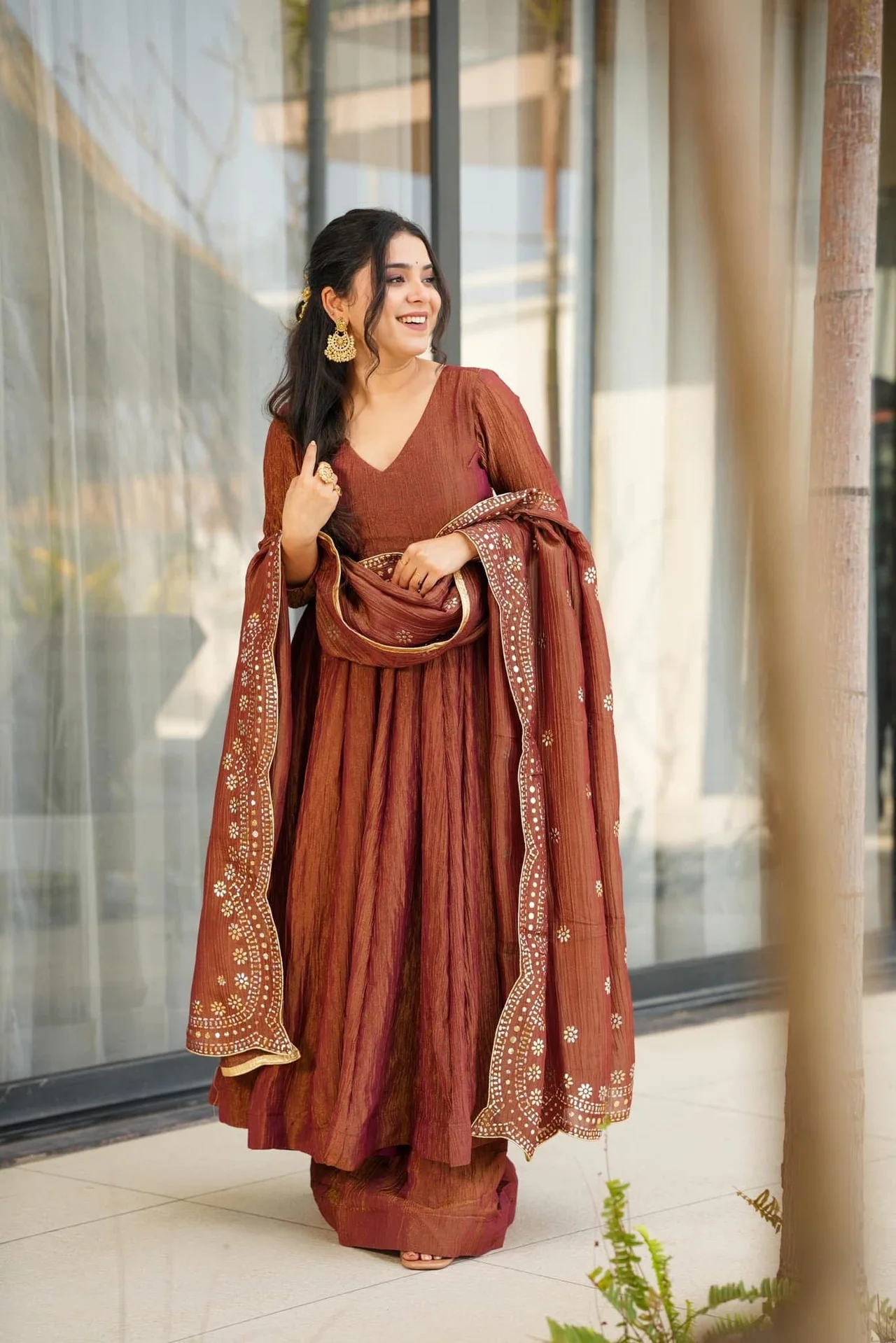 Women's Chinon Kurta Set with Palazzo and Dupatta in Rust